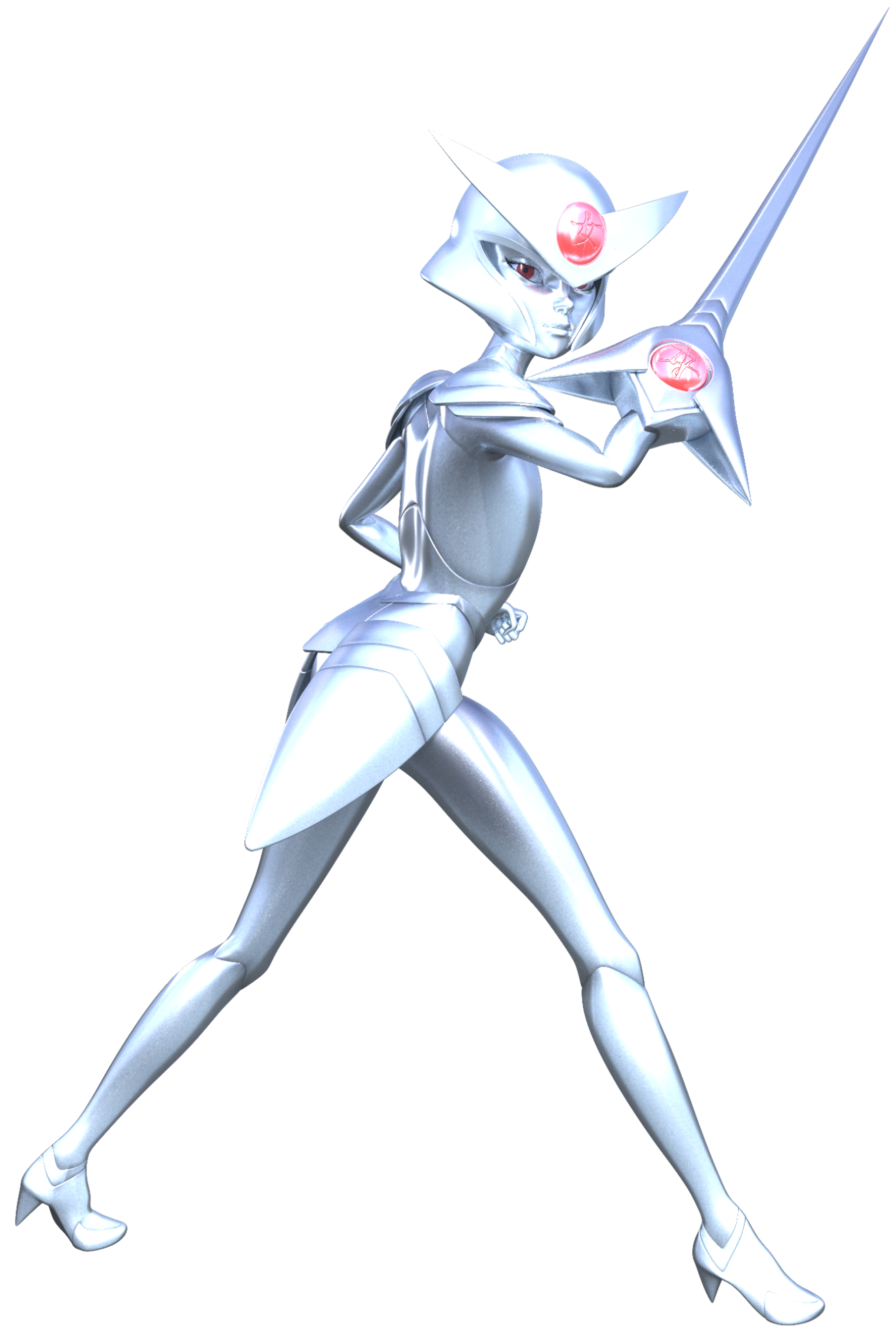 A female character in silver armor with a sword-like appendage on her right hand, in a fighting stance.