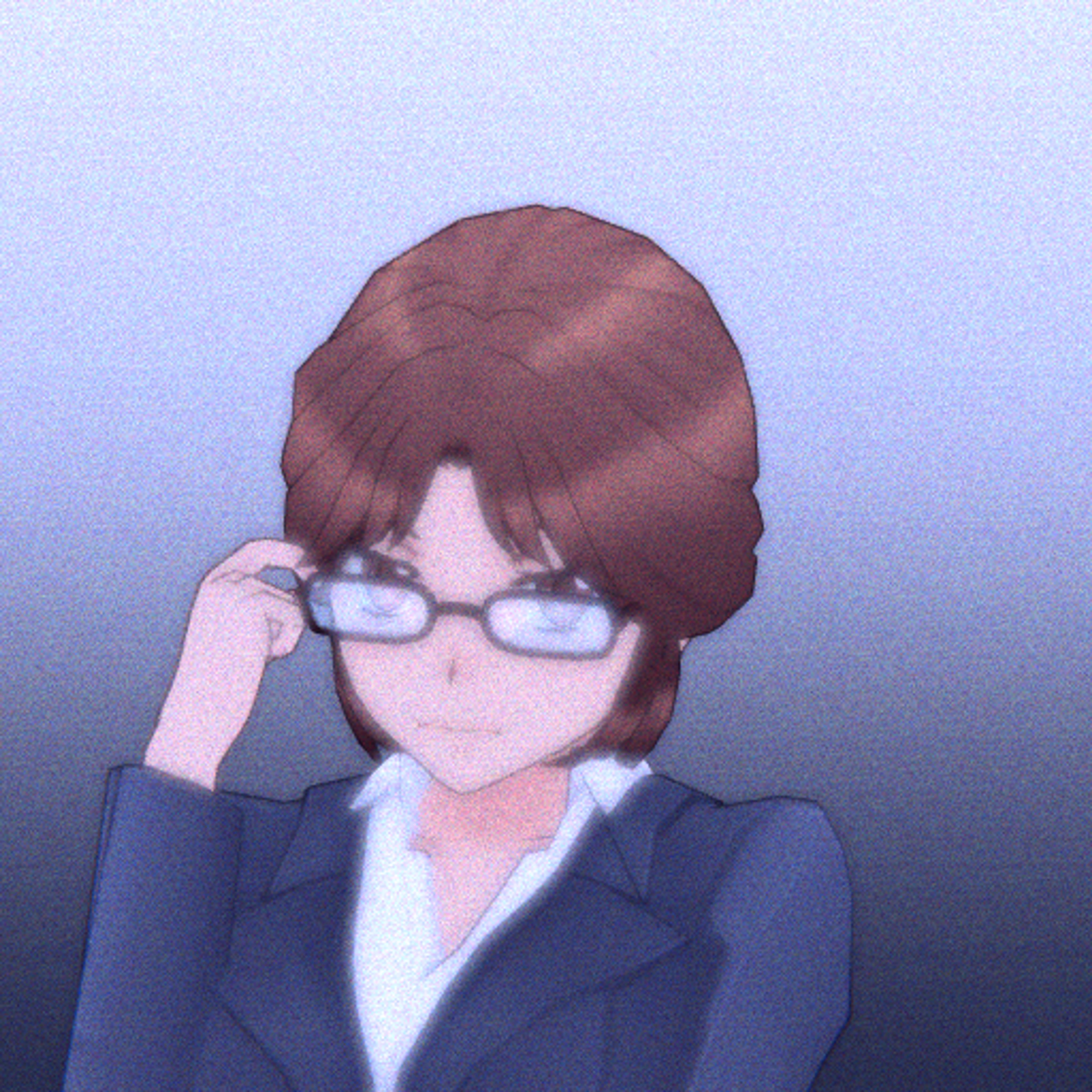 A stern-looking woman with glasses and a bun, wearing a black suit