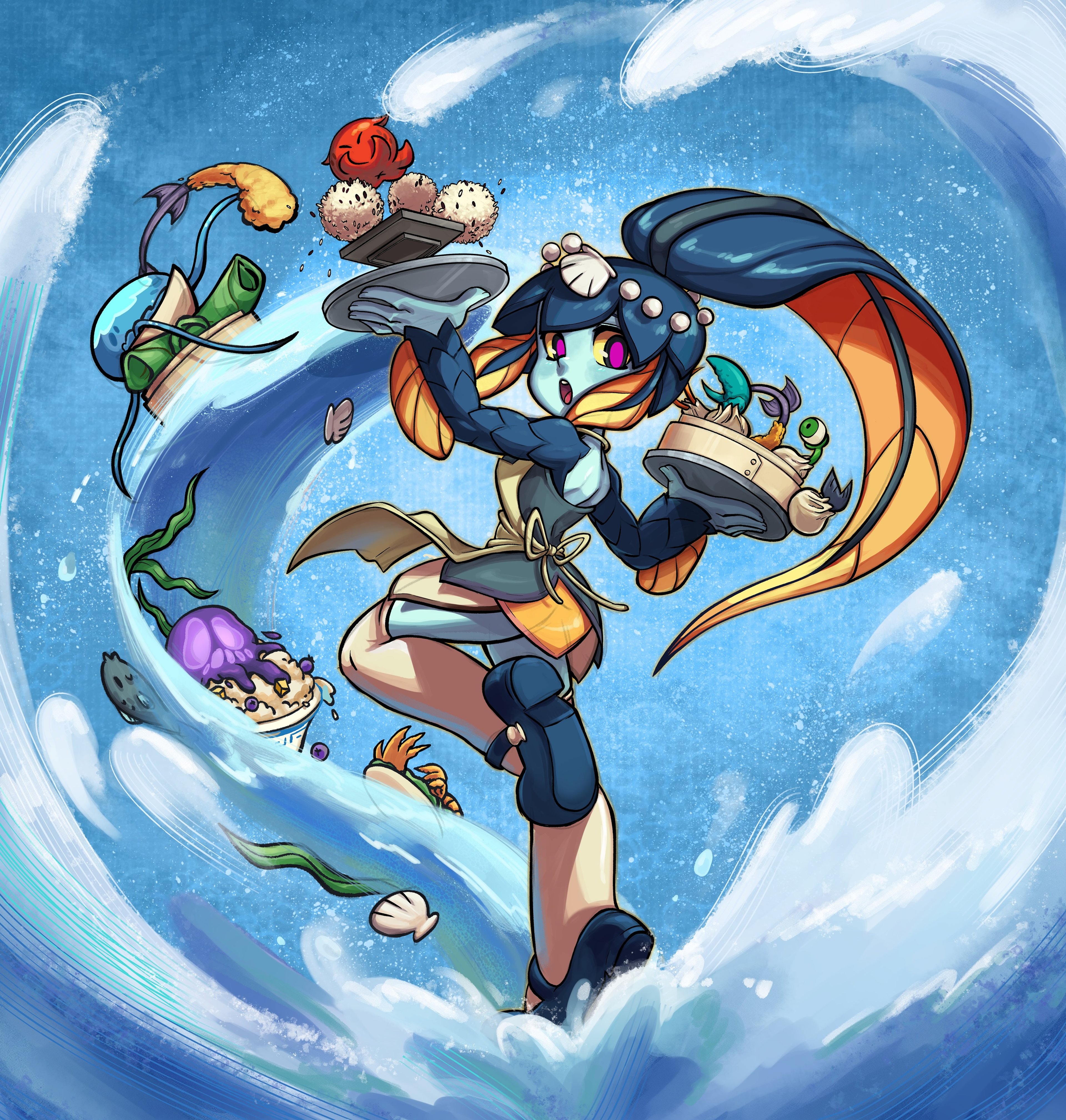 A young blue-skinned humanoid waitress character in an energetic, action-oriented pose surrounded by sea creatures
