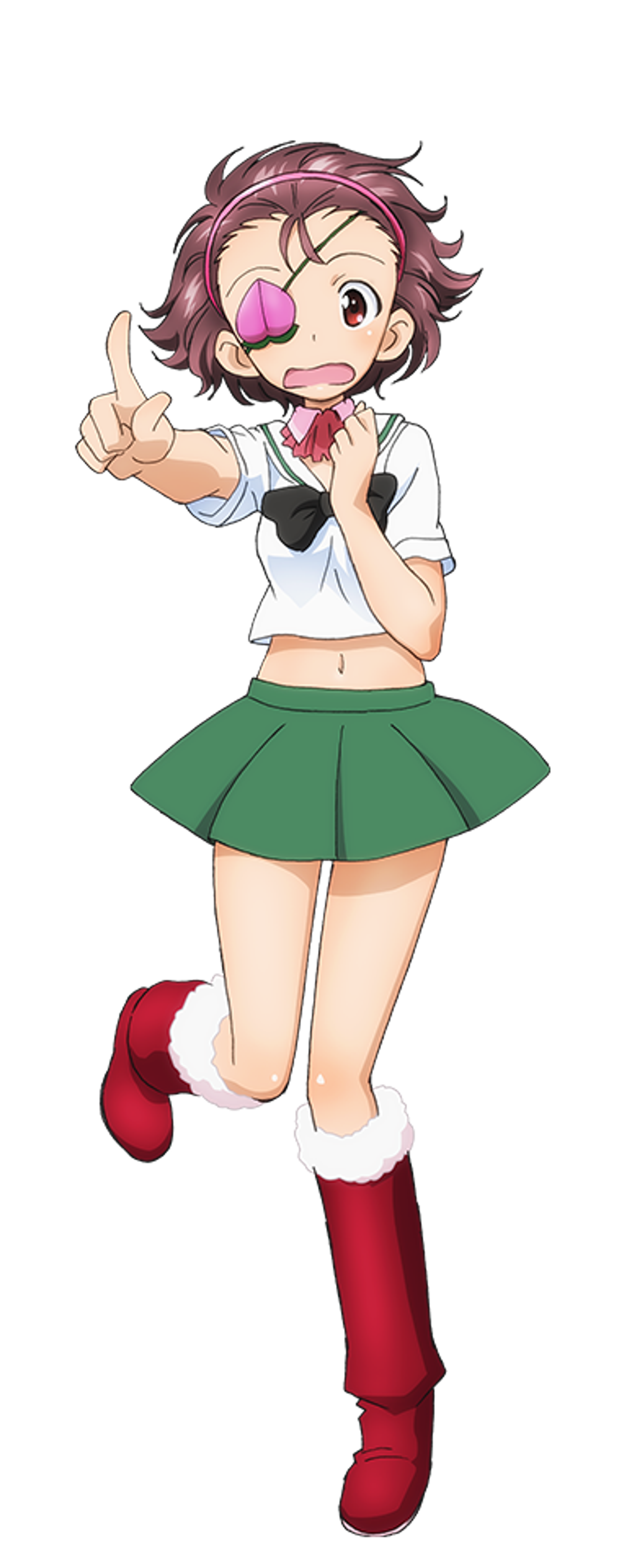 An anime-style character with pink hair, wearing a white shirt, green skirt, and red boots, making a cheerful expression.