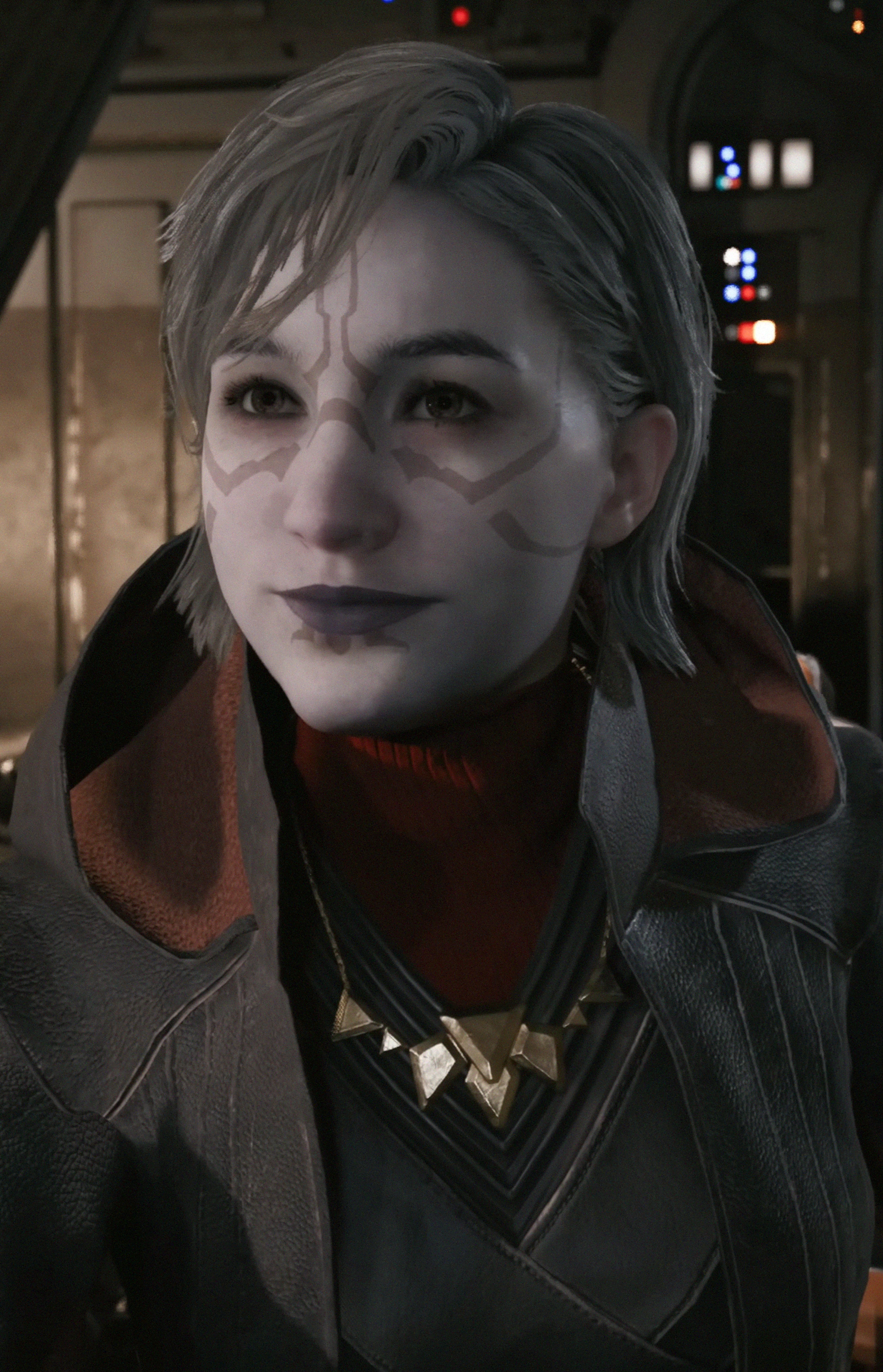 A close-up portrait of a female Zabrak character with distinctive facial features and horns, wearing a dark outfit with some armor-like elements.