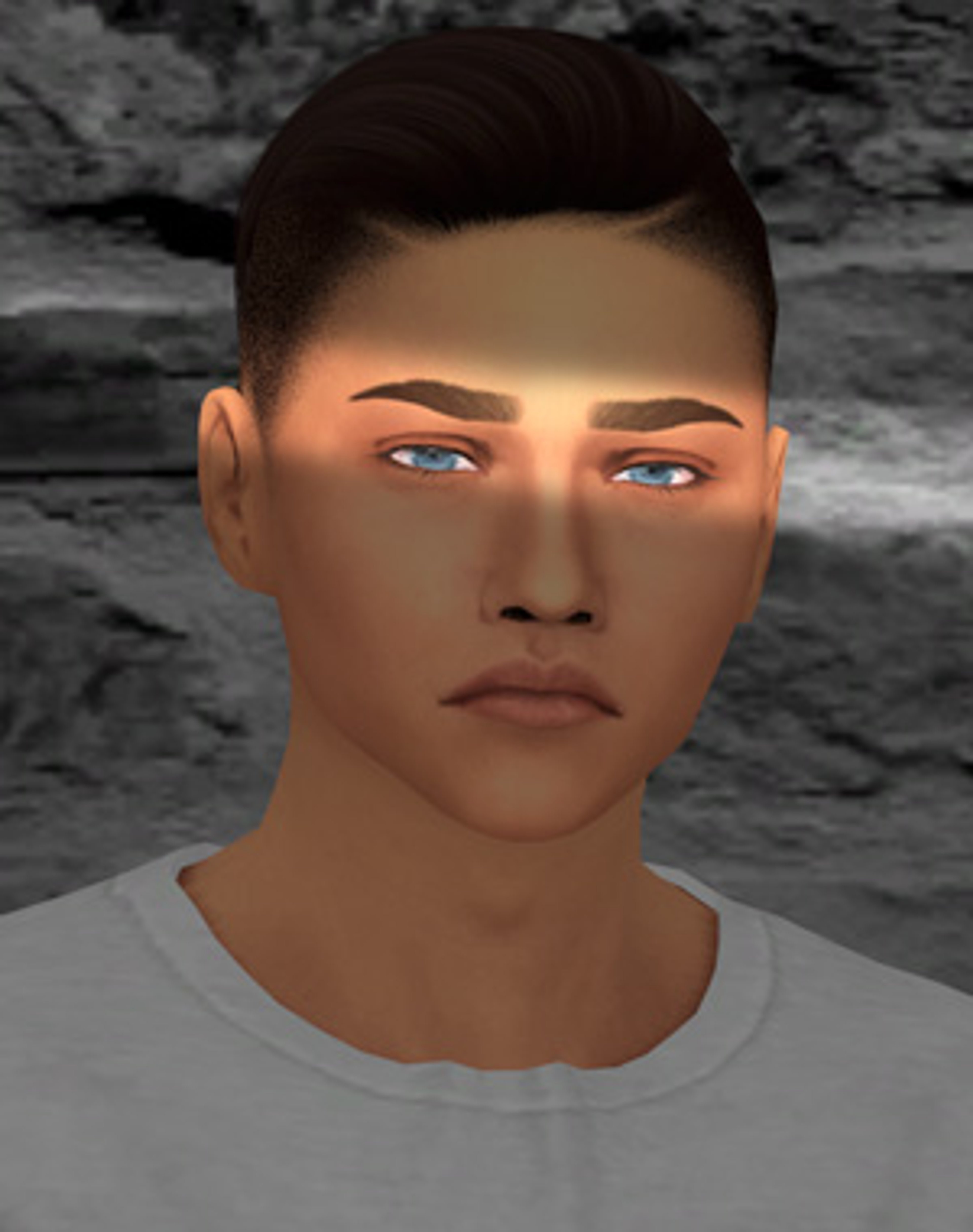 A young, muscular man with dark hair and blue eyes has a serious expression on his face.