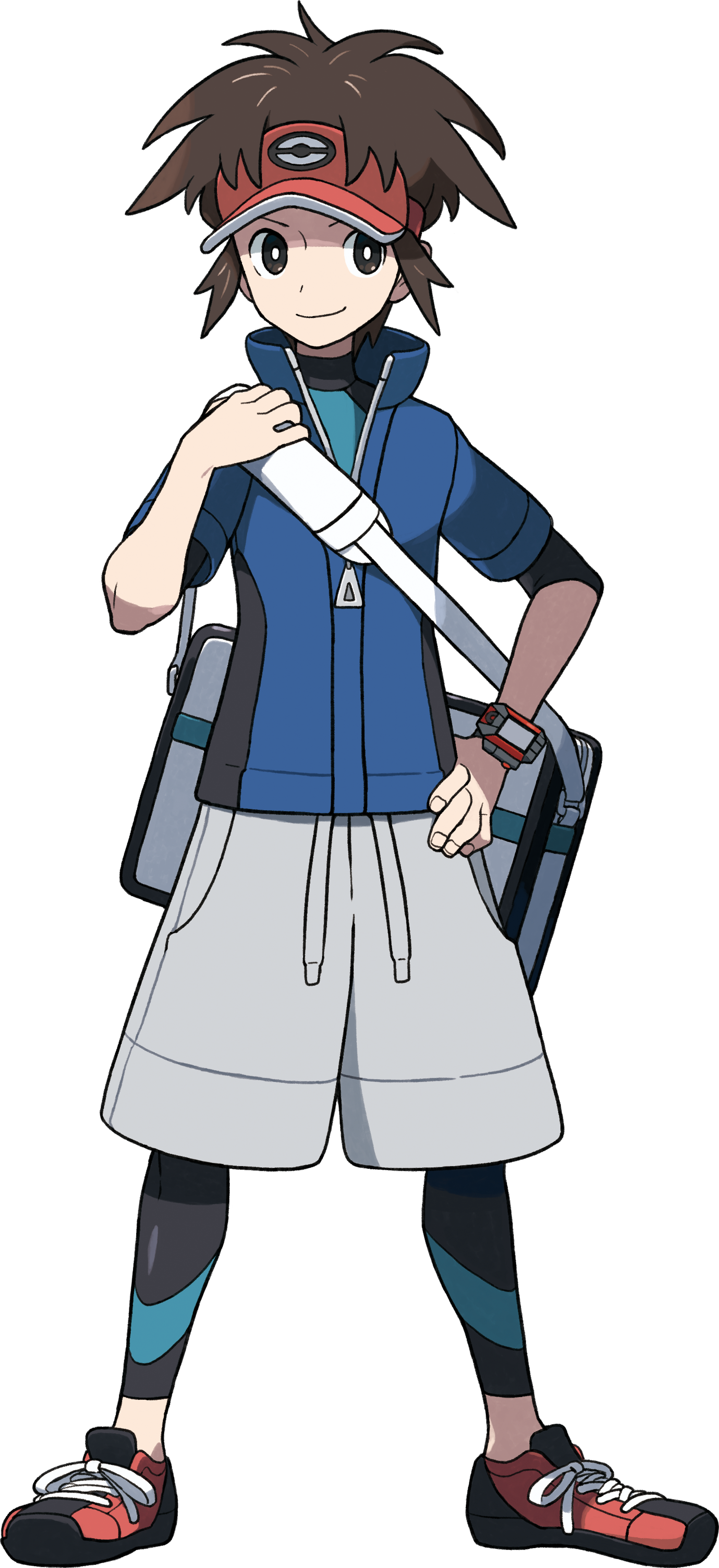 A young male character with messy brown hair, wearing a red visor, blue jacket, white shorts, and a black wetsuit.