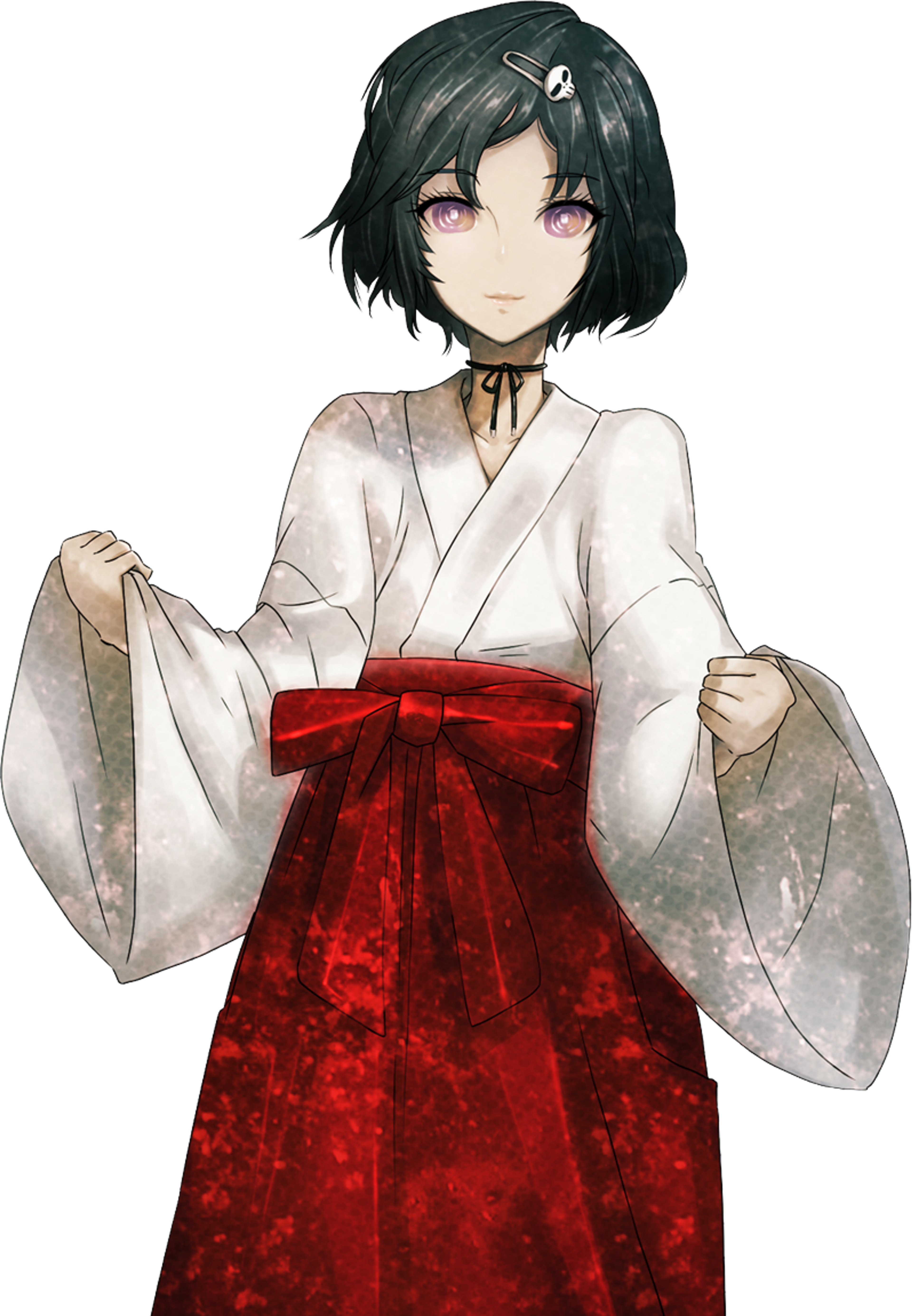 A character with long dark hair wearing a white robe with a red sash