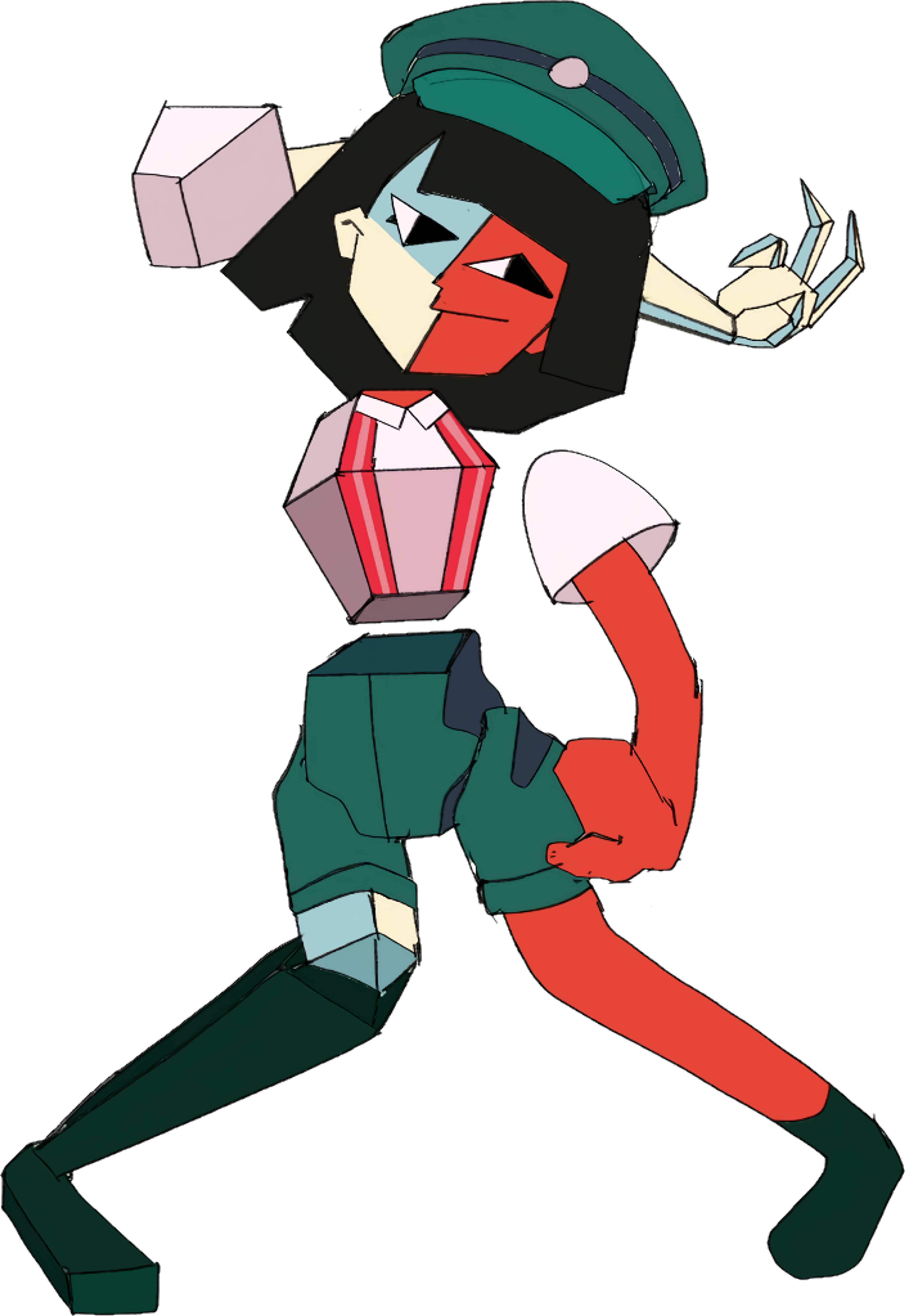 A dual-colored humanoid character in a surreal, geometric art style