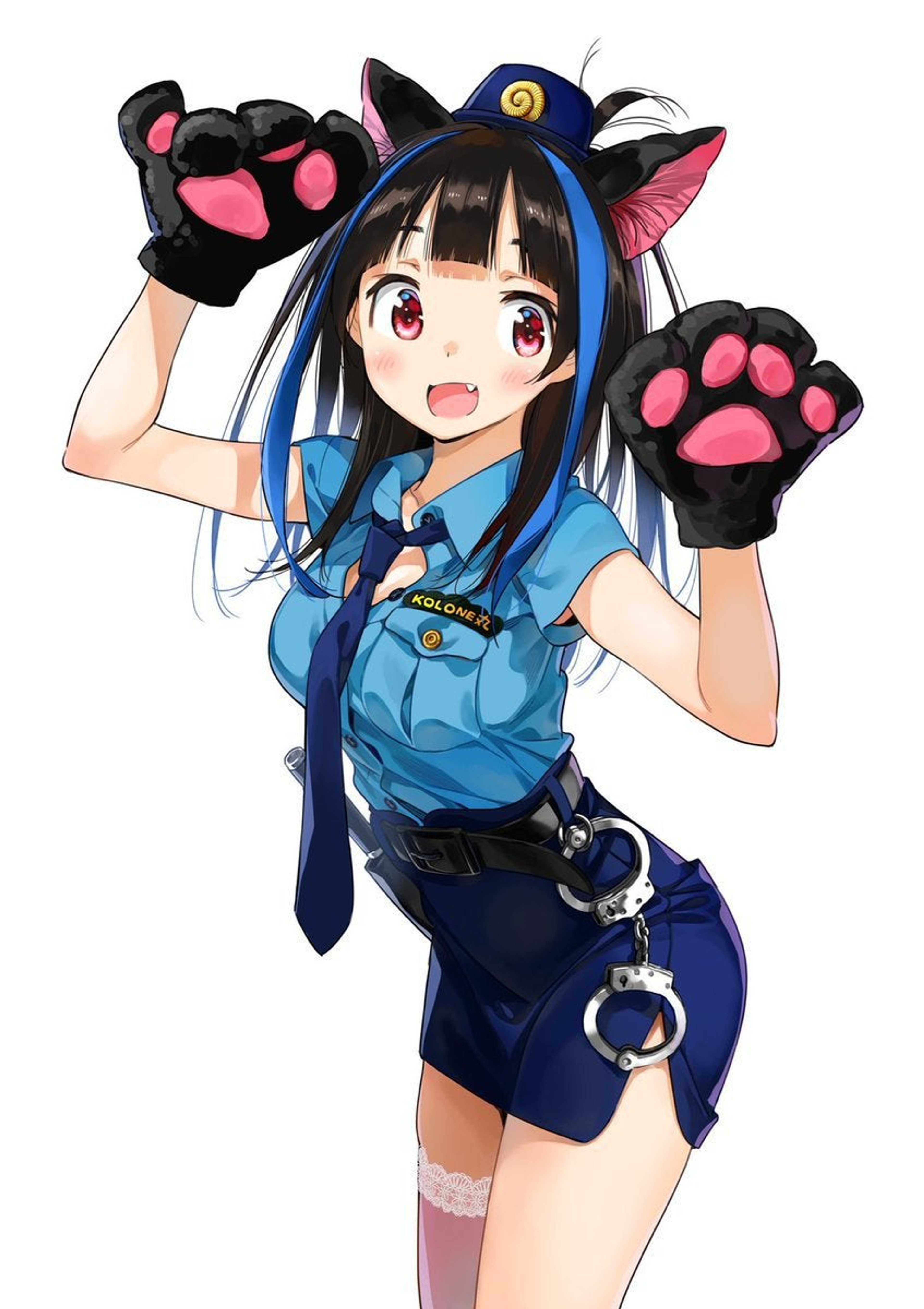 An anime-style character in a blue police-style uniform with cat-like paw accessories