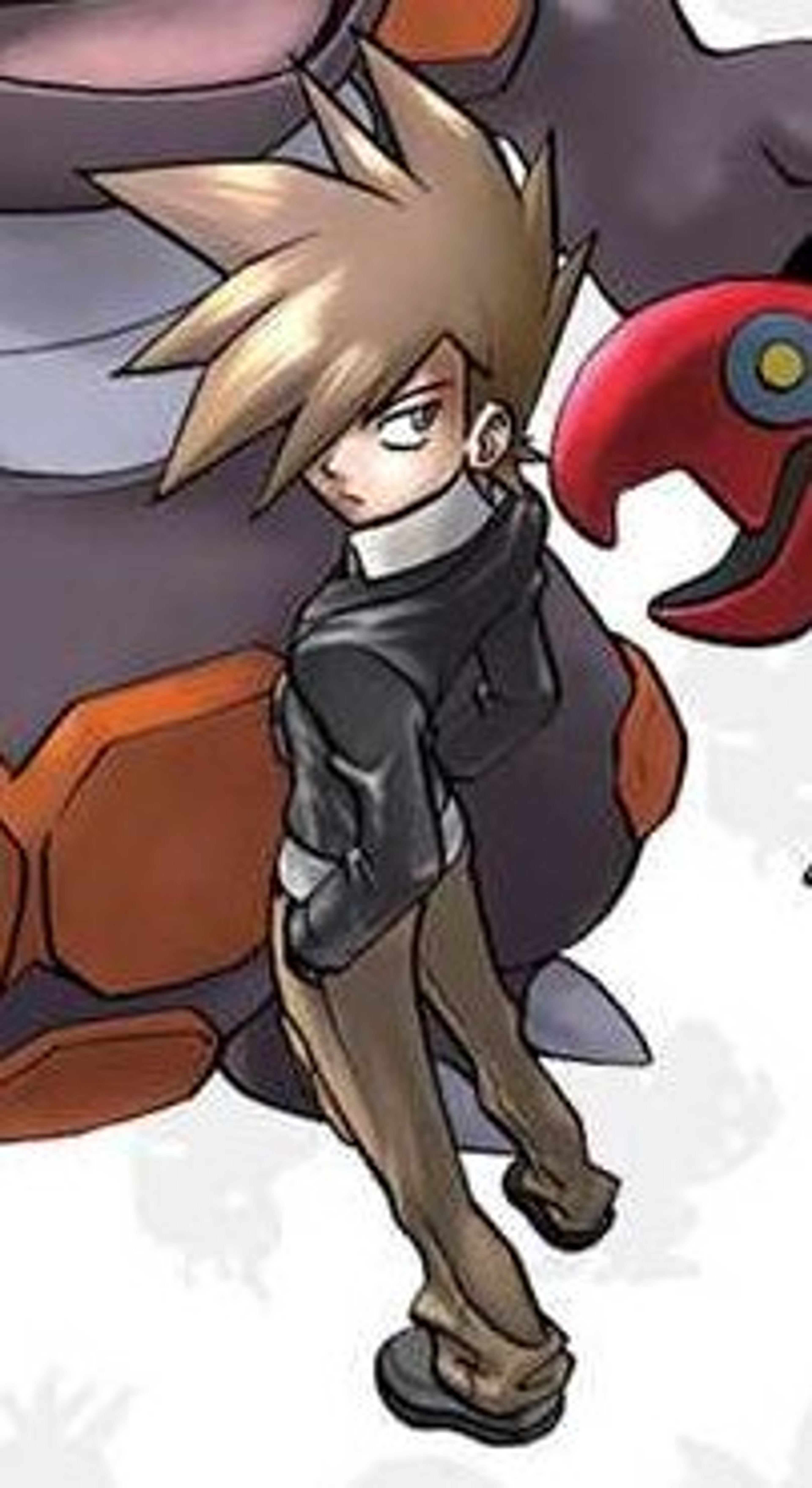 A young Pokémon trainer with spiky blonde hair holding a Pokéball