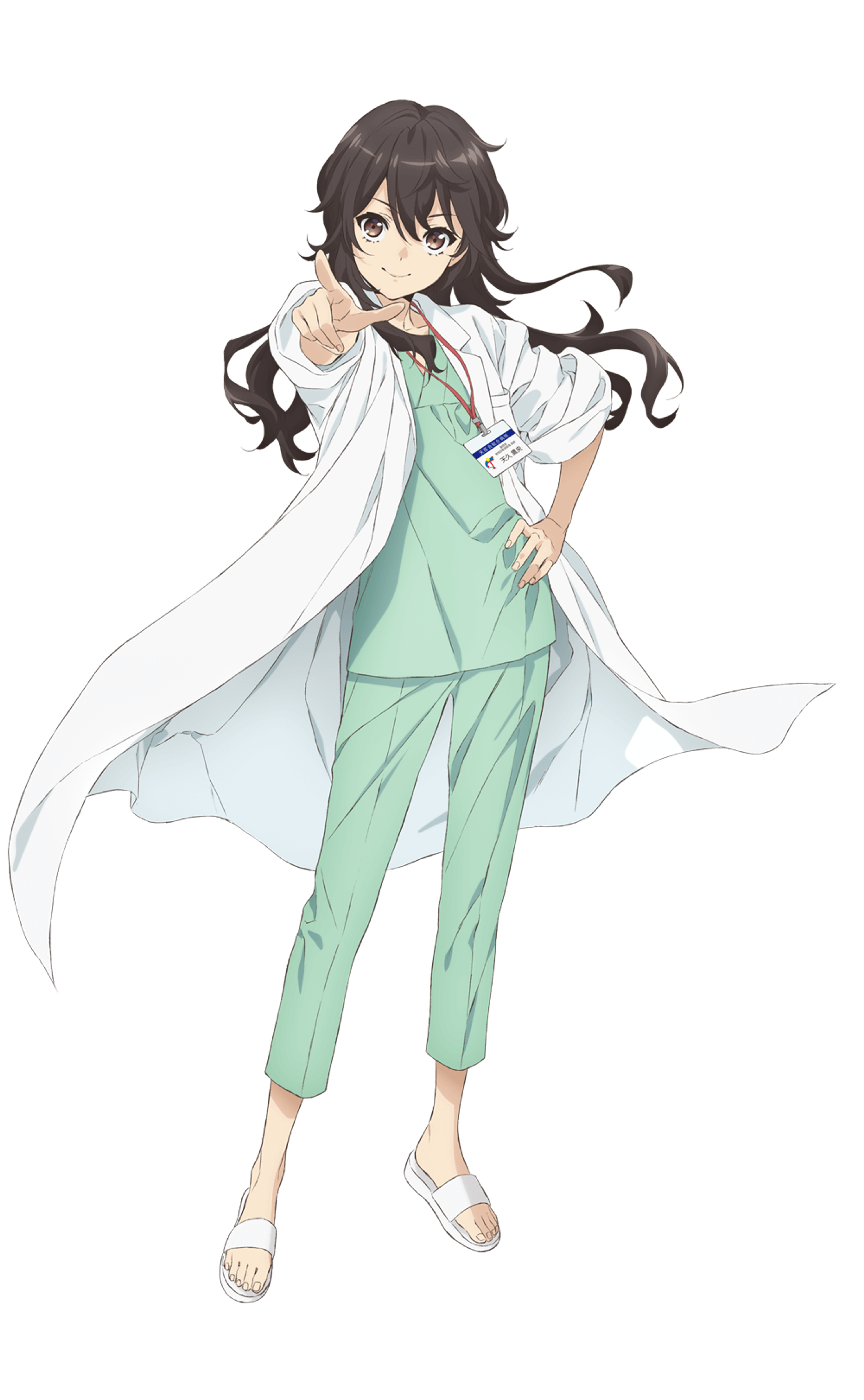 A young woman in a white lab coat with a serious expression