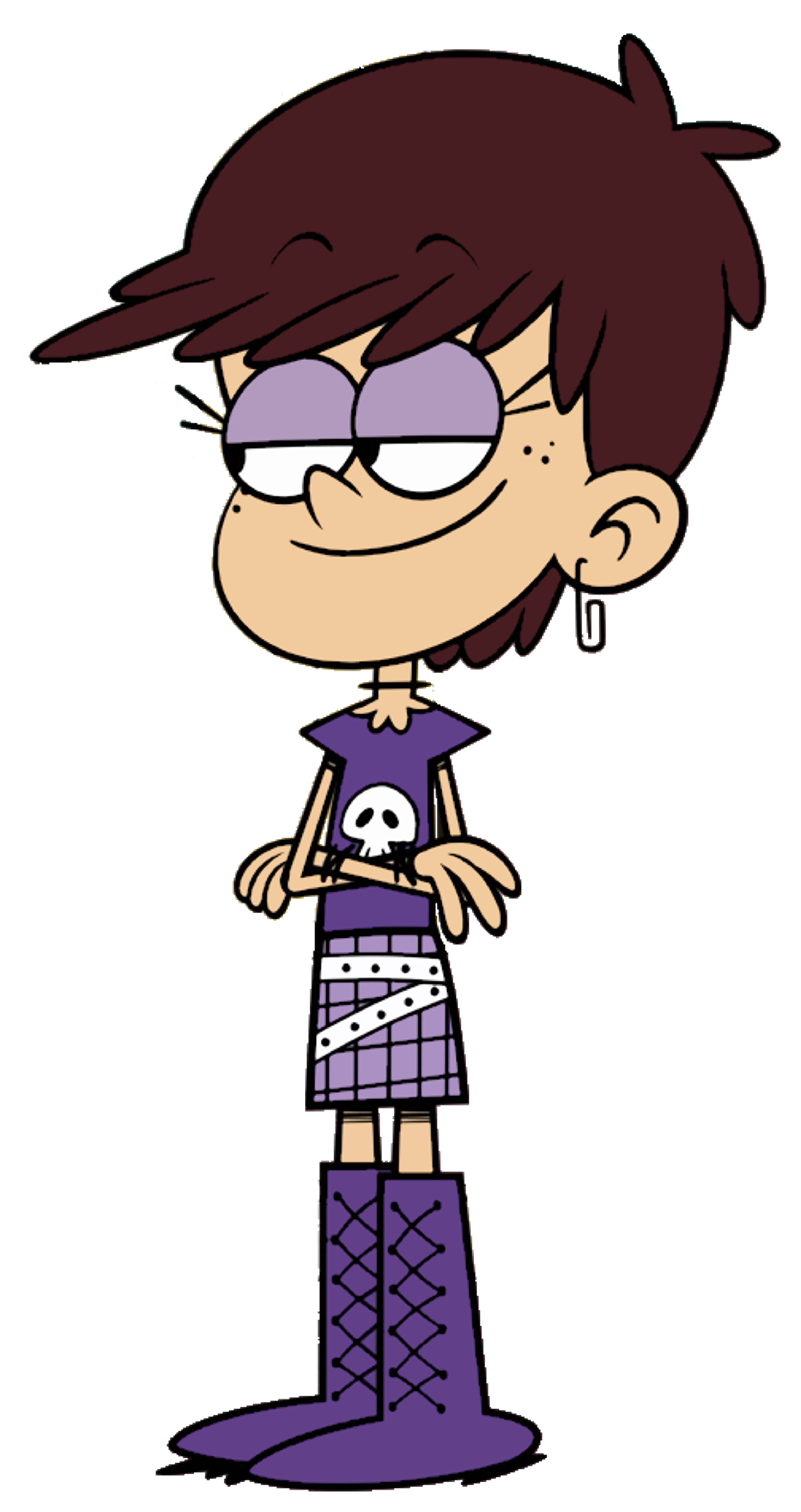 A cartoon character with purple-streaked hair, wearing a black shirt and purple skirt.