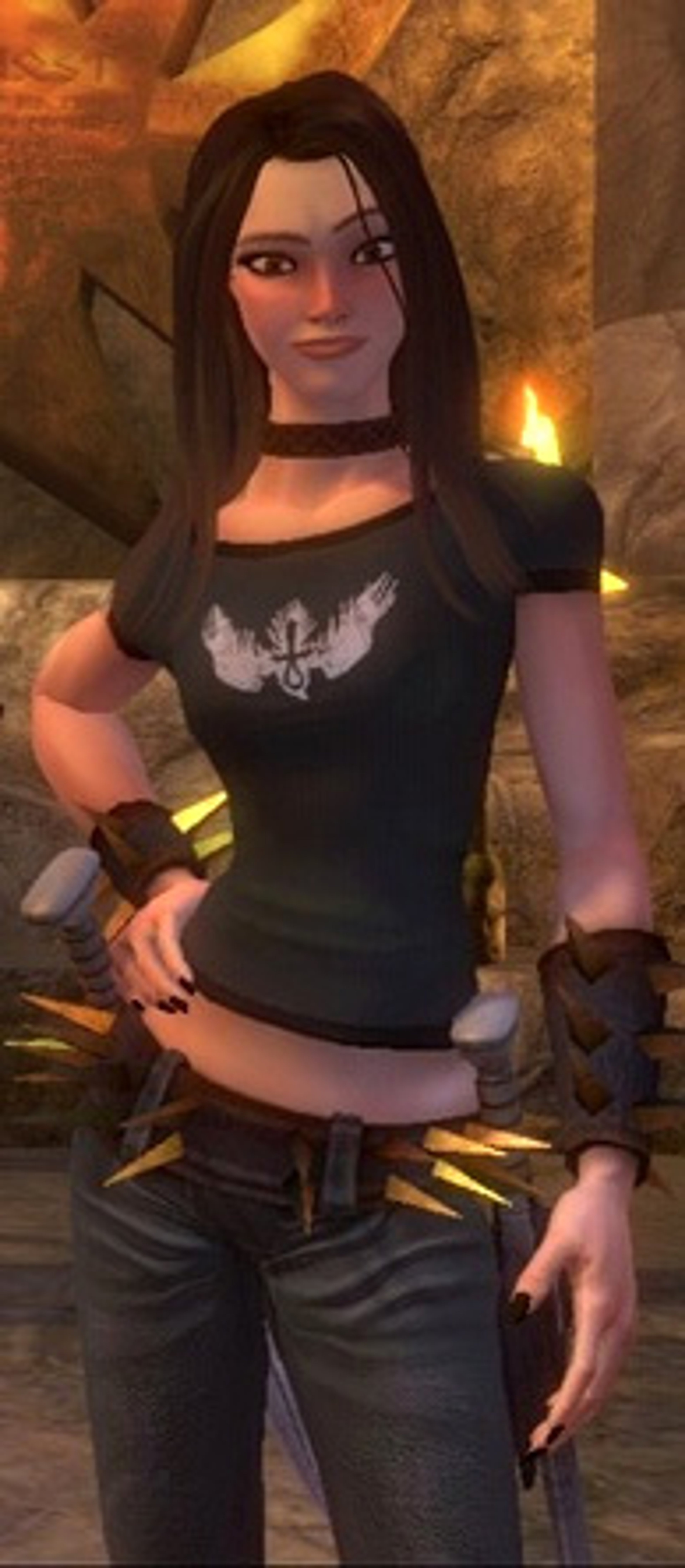 A young woman with dark hair wearing a black tank top and holding twin blades in a fantasy or post-apocalyptic setting.