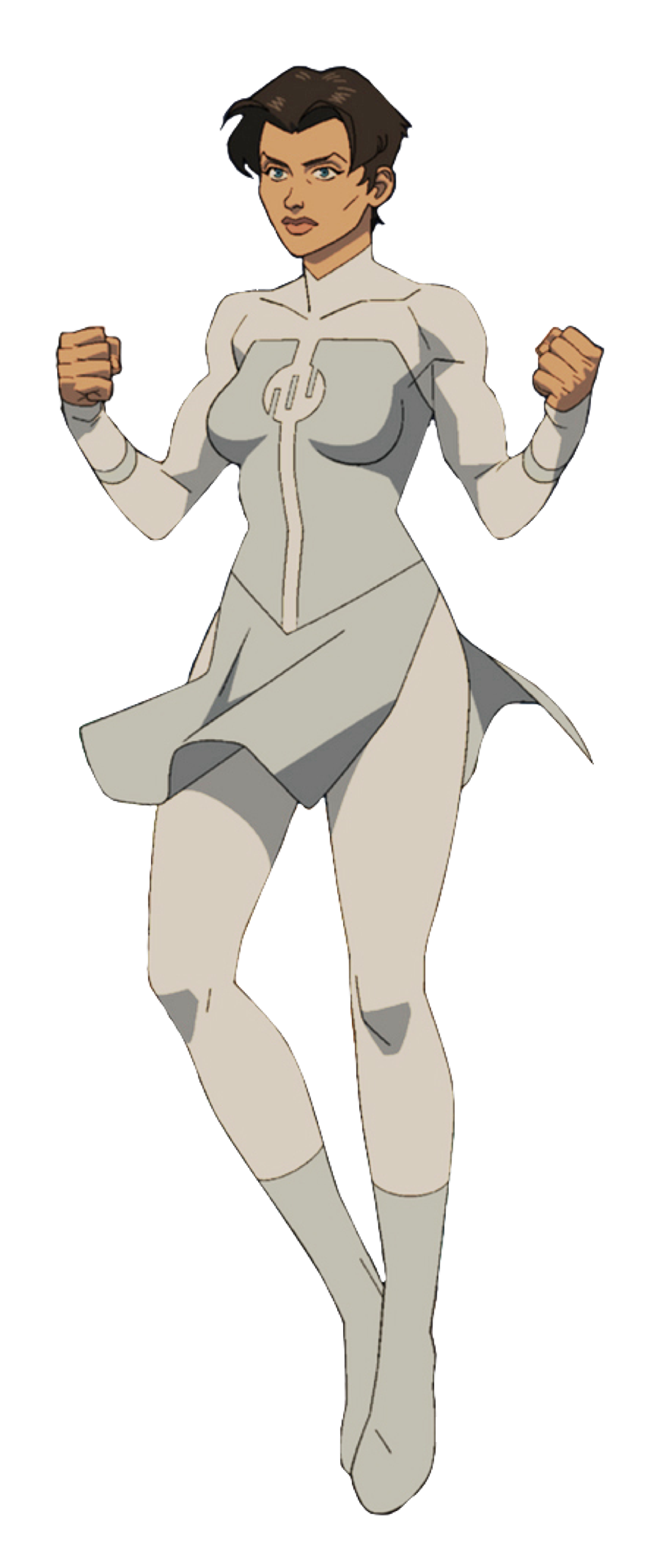 A powerful female Viltrumite warrior in a fighting stance