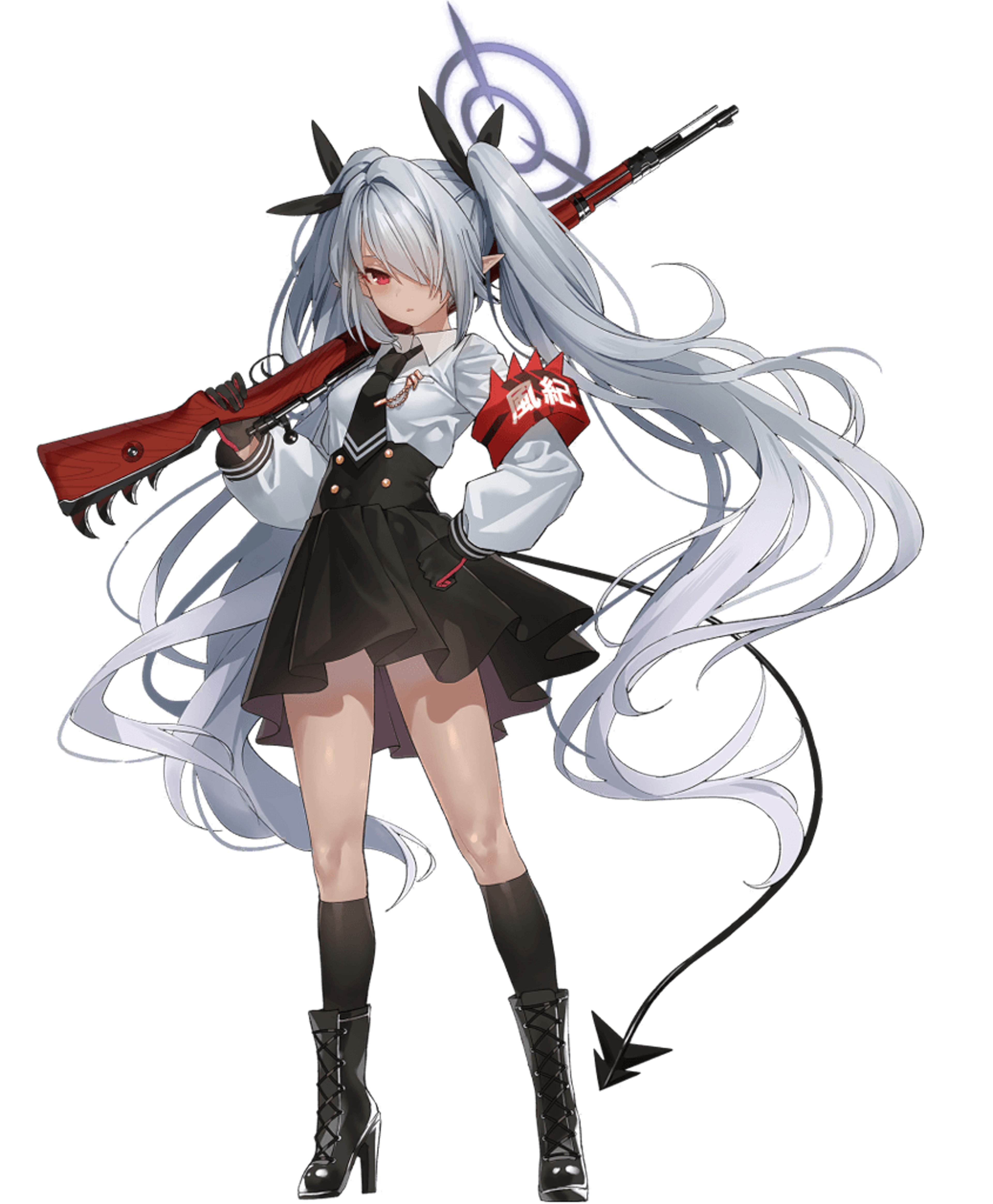 An anime-style character with silver hair, red eyes, and a formal white uniform holding a sniper rifle