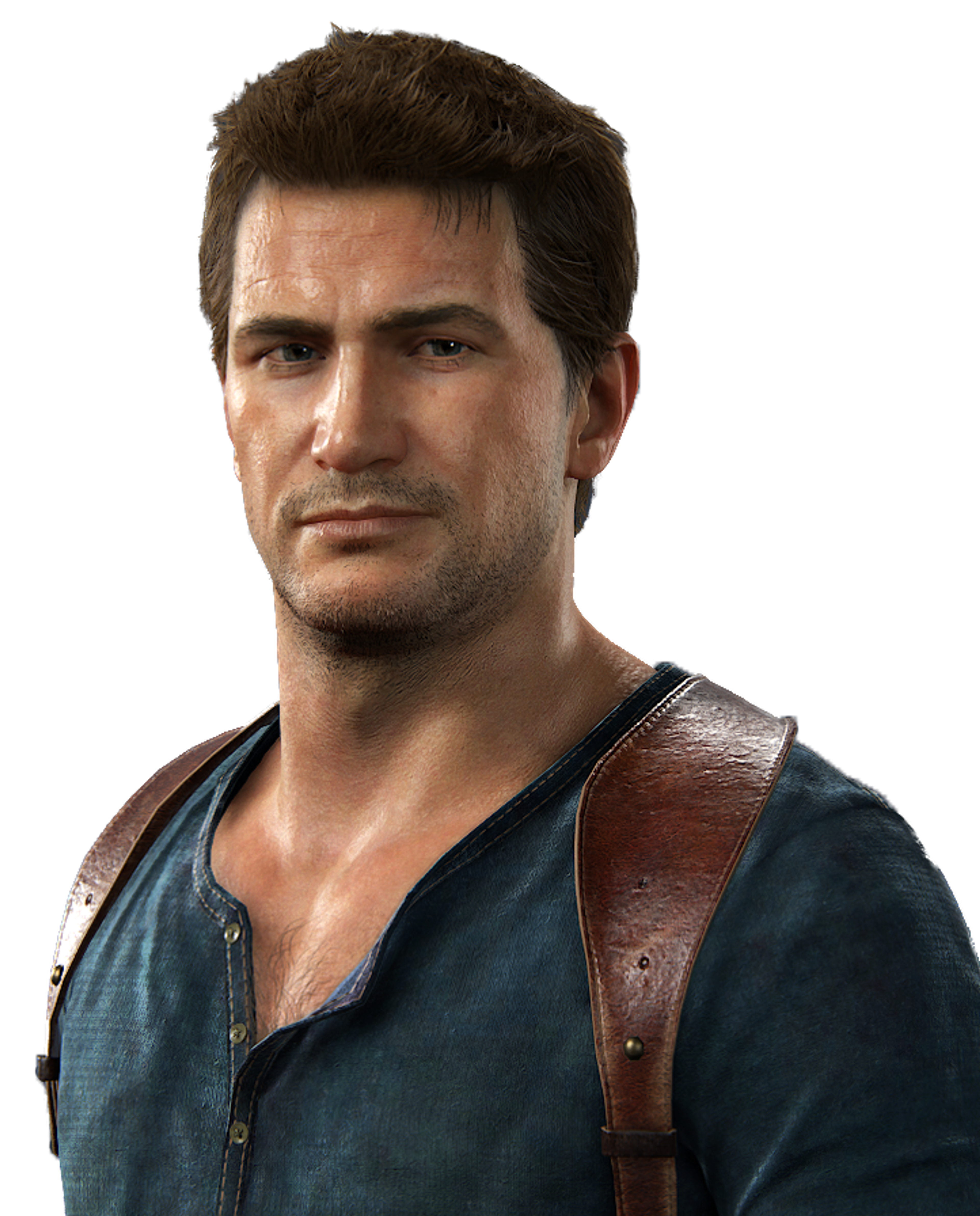 A man with short brown hair and a rugged appearance, wearing a blue shirt and a brown leather strap across his chest.