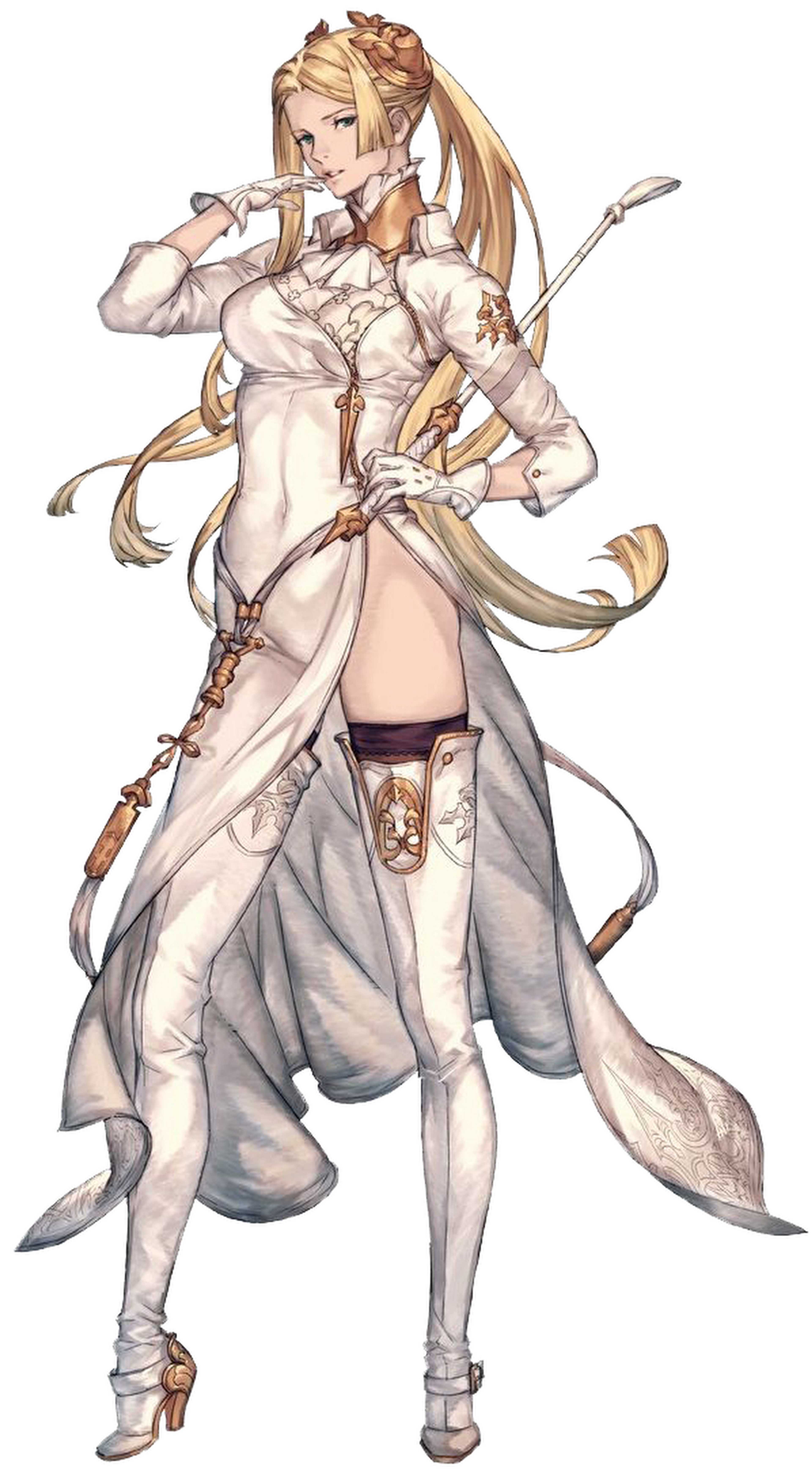 A female character with long blonde hair wearing an ornate white outfit and holding a riding crop.