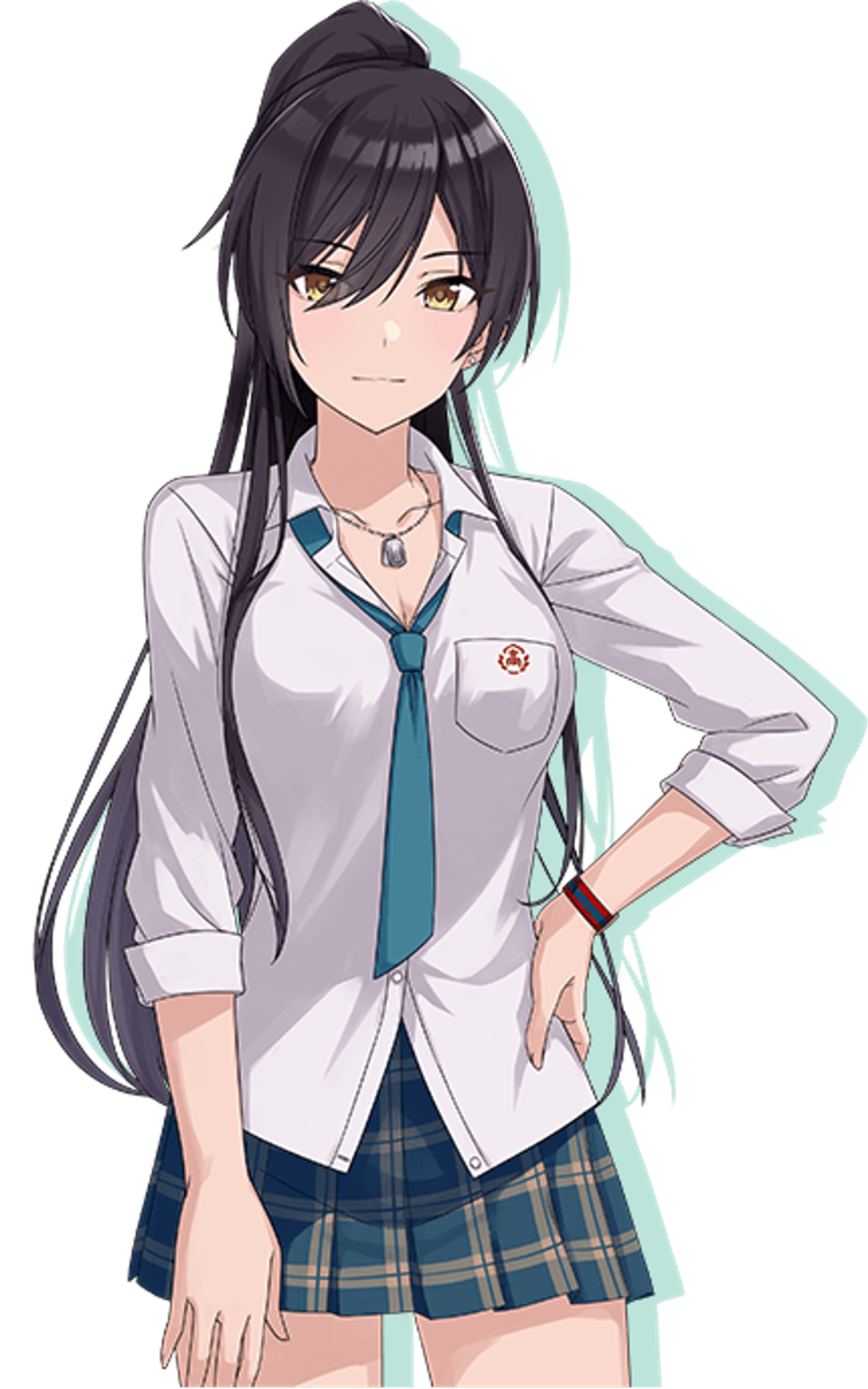 An anime-style character with long dark hair wearing a school uniform