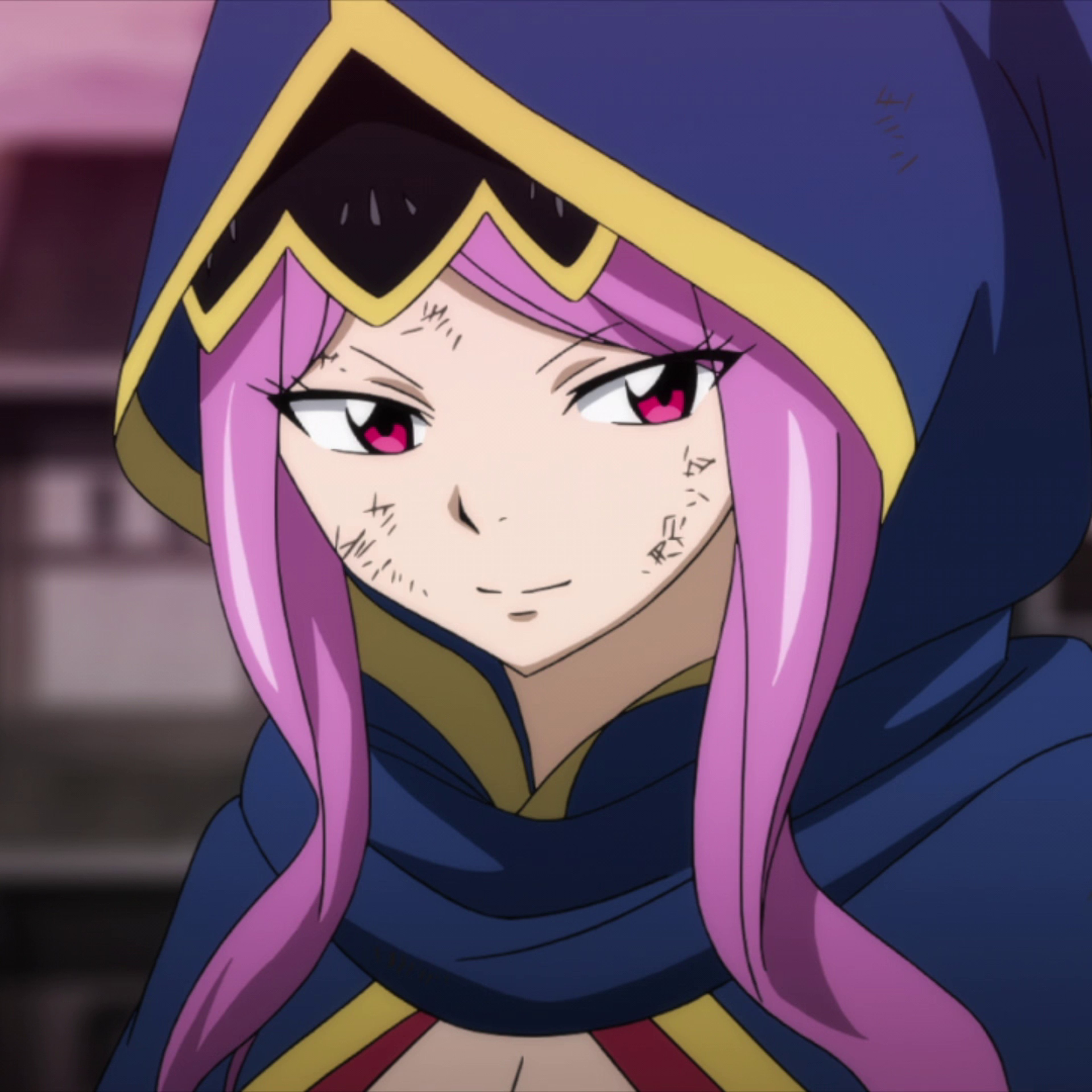 An anime-style character with pink hair and a dark blue hooded cloak