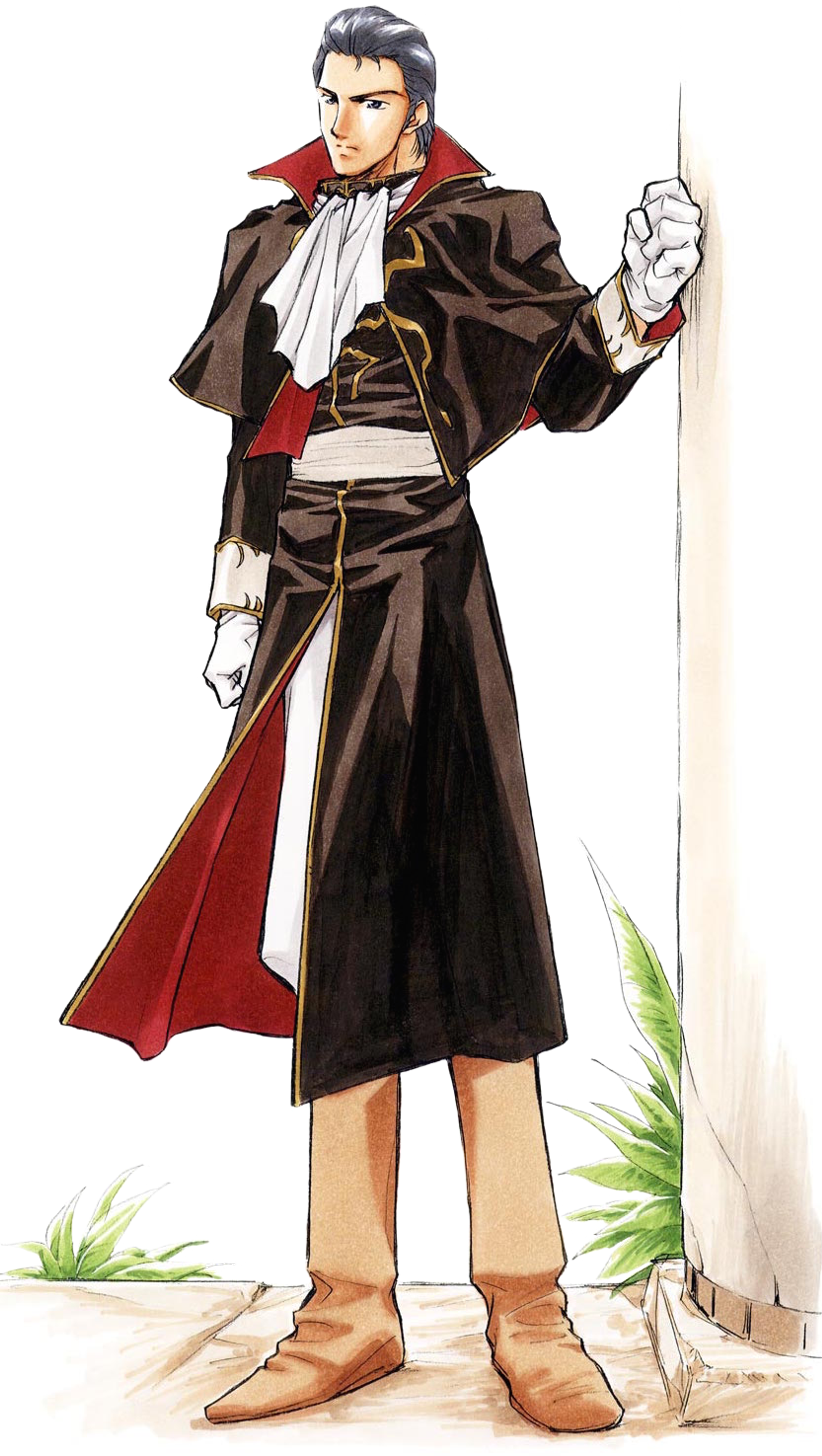 A man in a dark coat holding a sword or staff