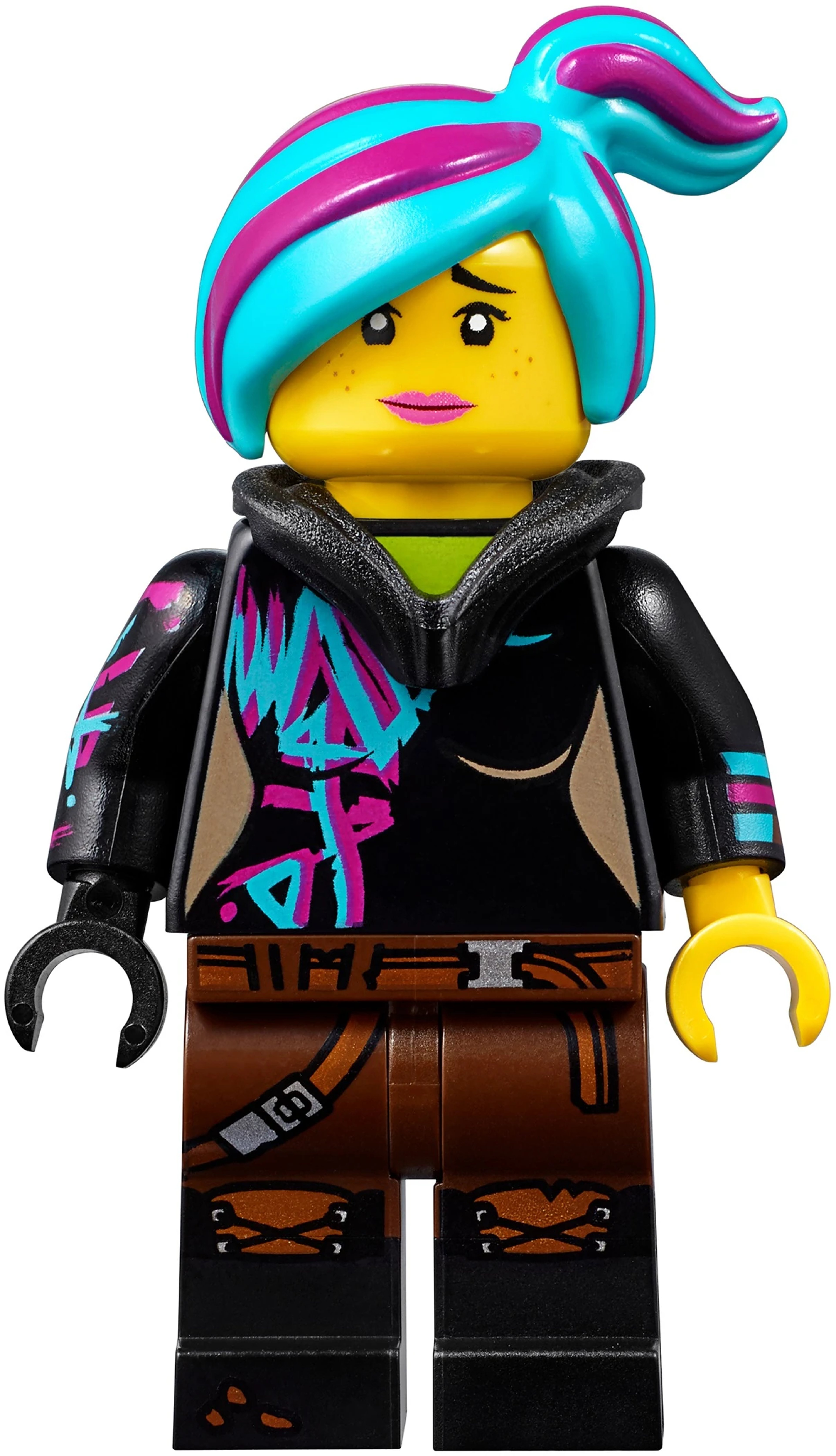 A LEGO minifigure character with black hair and a black hoodie