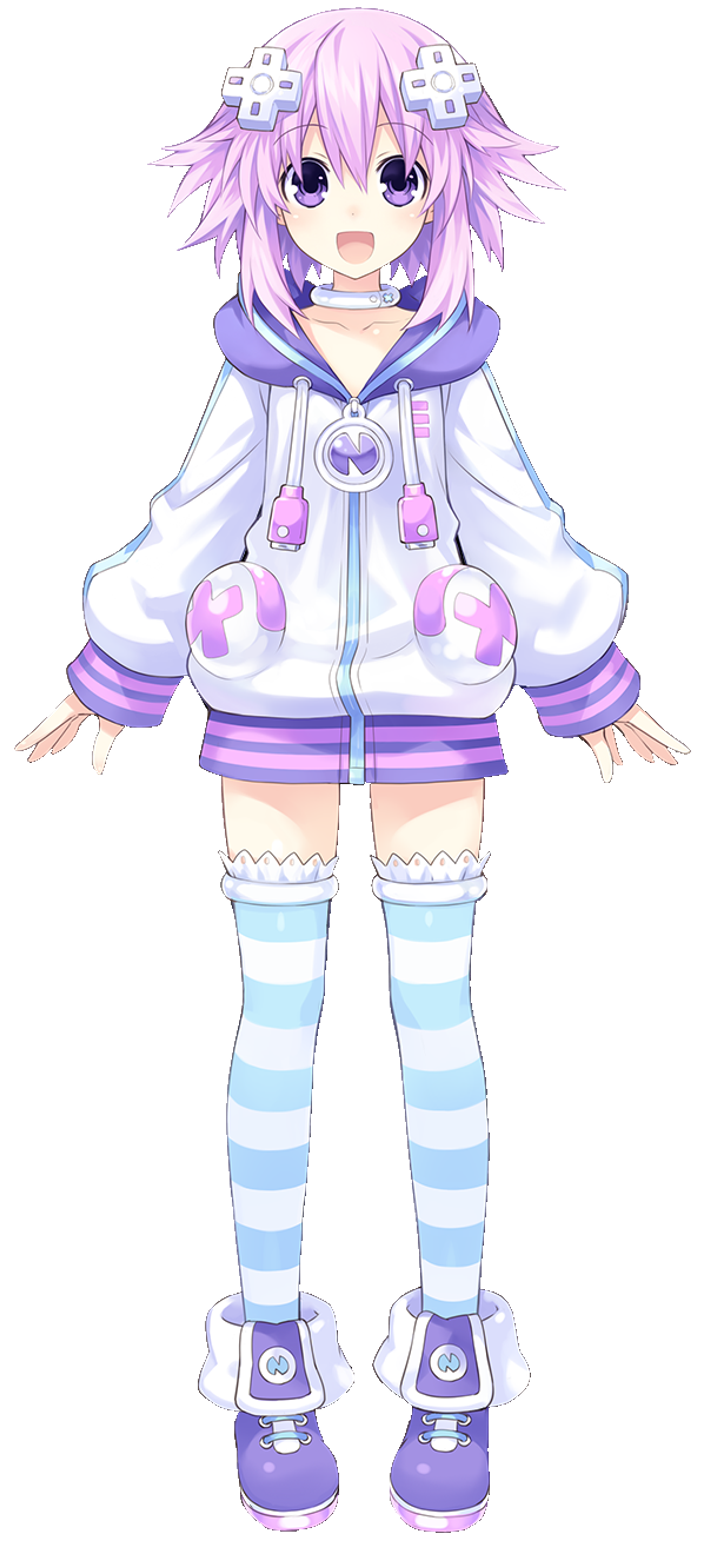 An anime-style character with purple hair wearing a white and purple hooded jacket