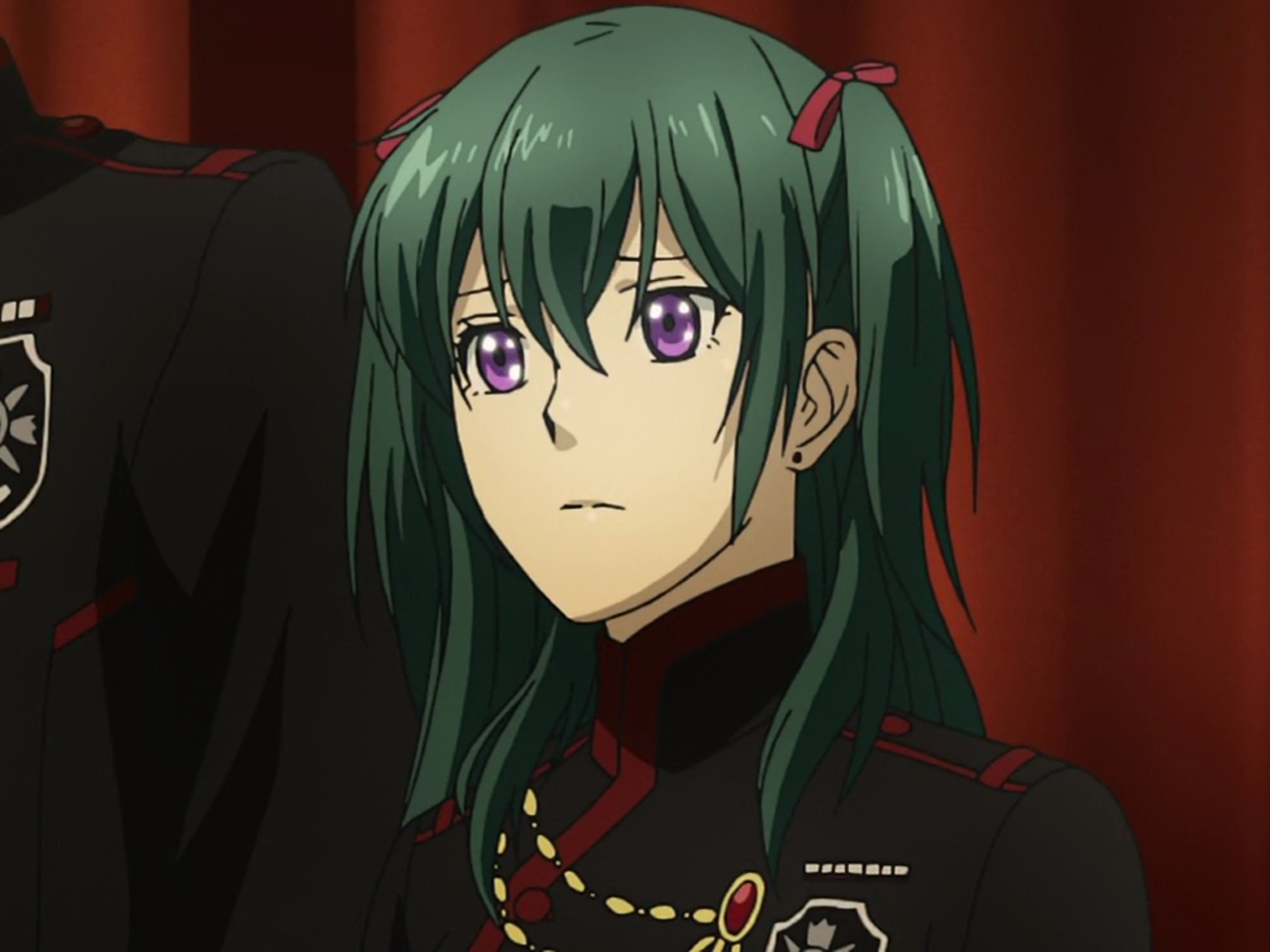 An anime-style character with green hair and purple eyes wearing a black uniform with red accents.