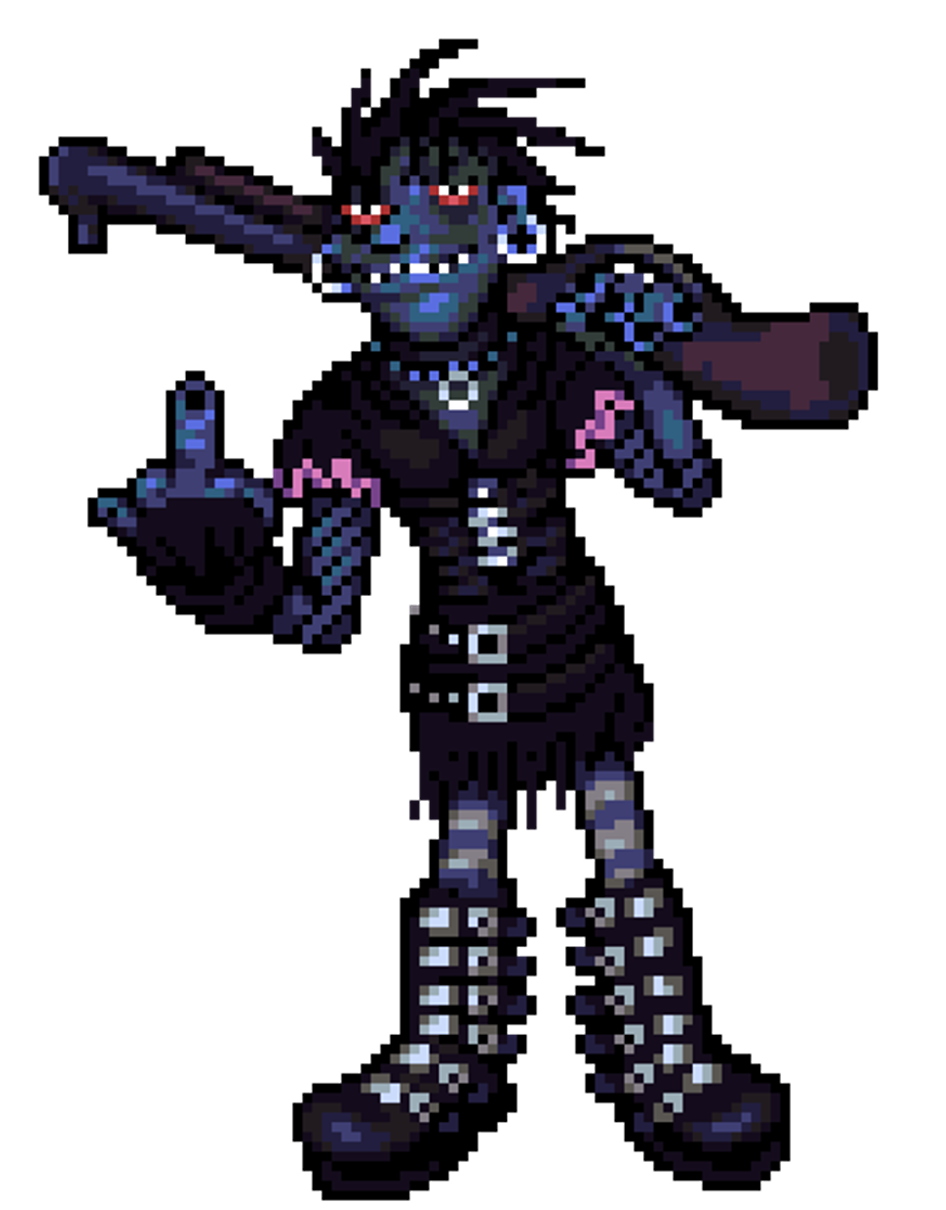 A detailed pixel art character with a gothic, punk-inspired appearance holding a large paintball gun.