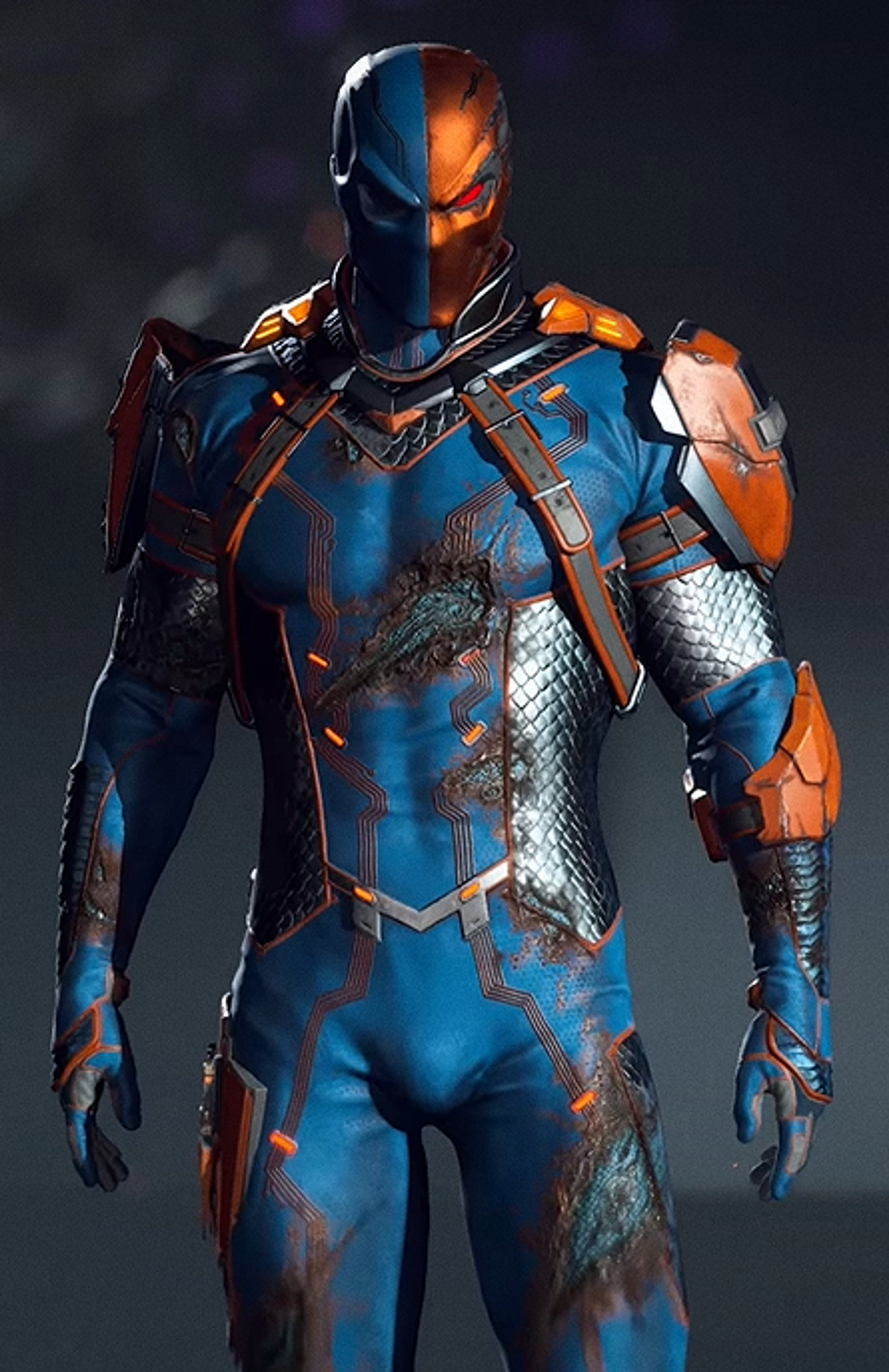 A highly detailed and muscular male character in a blue and orange costume with a mask covering the upper half of his face.