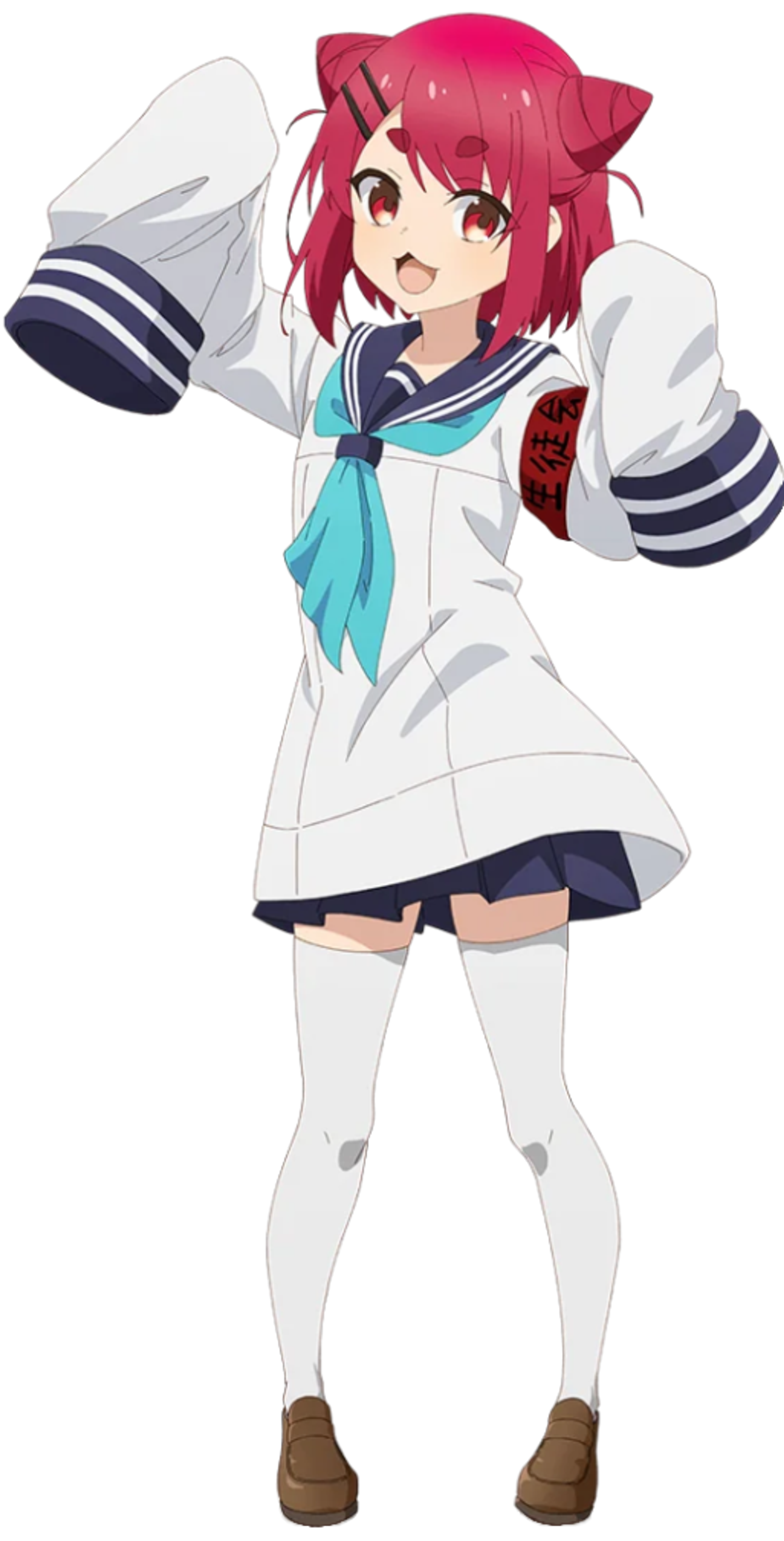 An anime-style character with red hair styled in cat ear-like cones, wearing a sailor seifuku uniform and a red armband indicating she is the vice-president of the student council.