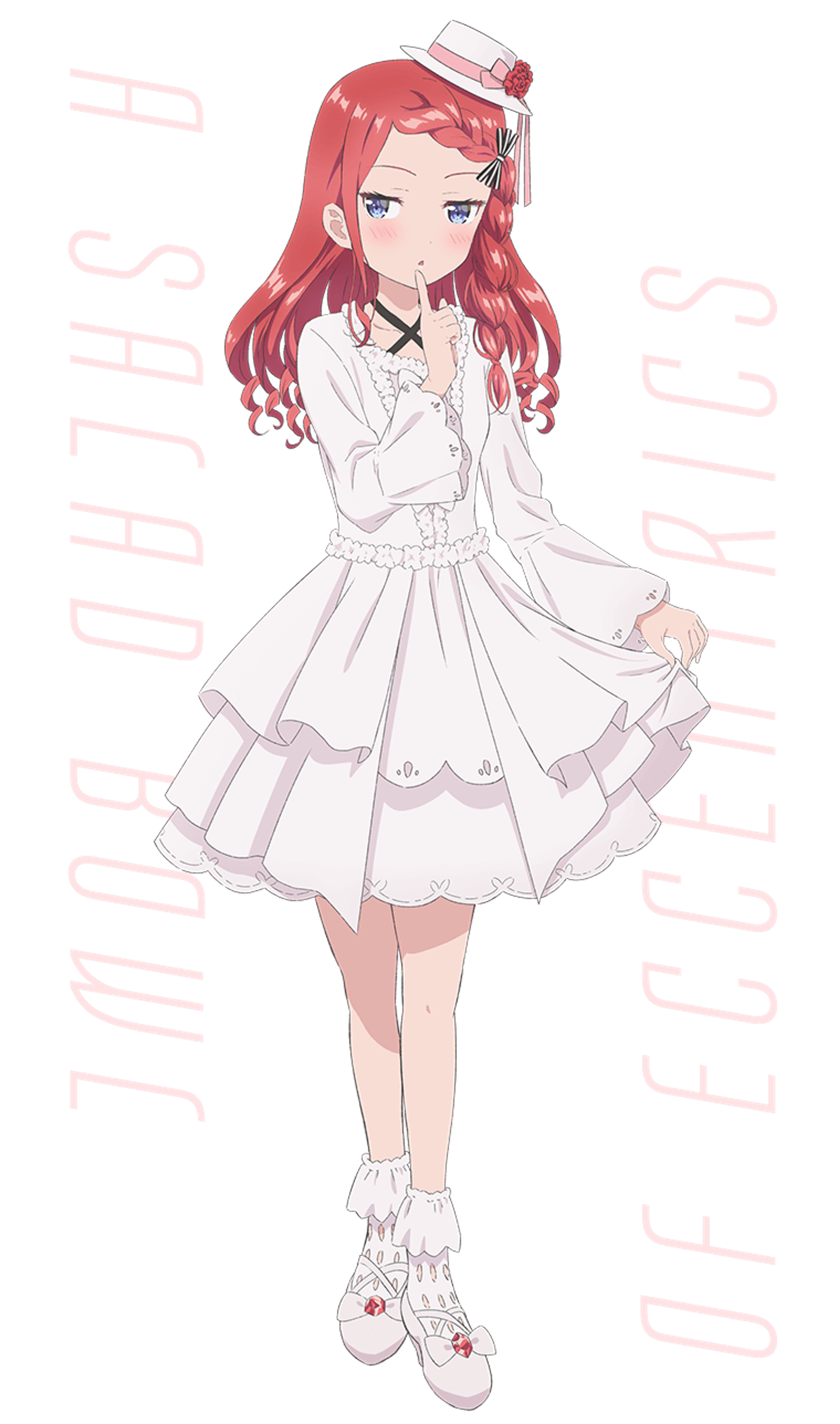 A young woman with long red hair and blue eyes wearing a white lace dress