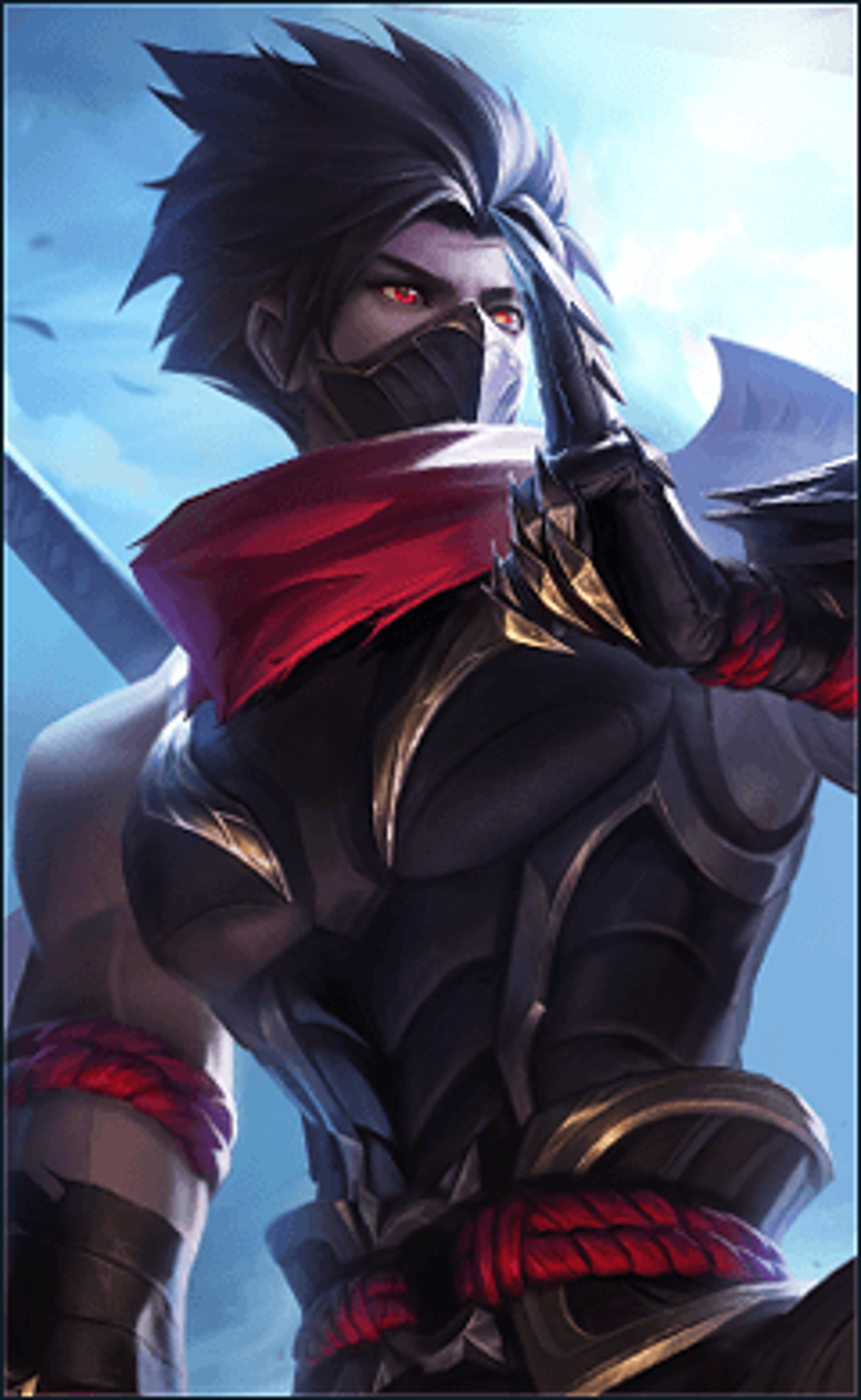 A male ninja character with spiky black hair and a red mask covering his face, in a fighting stance.