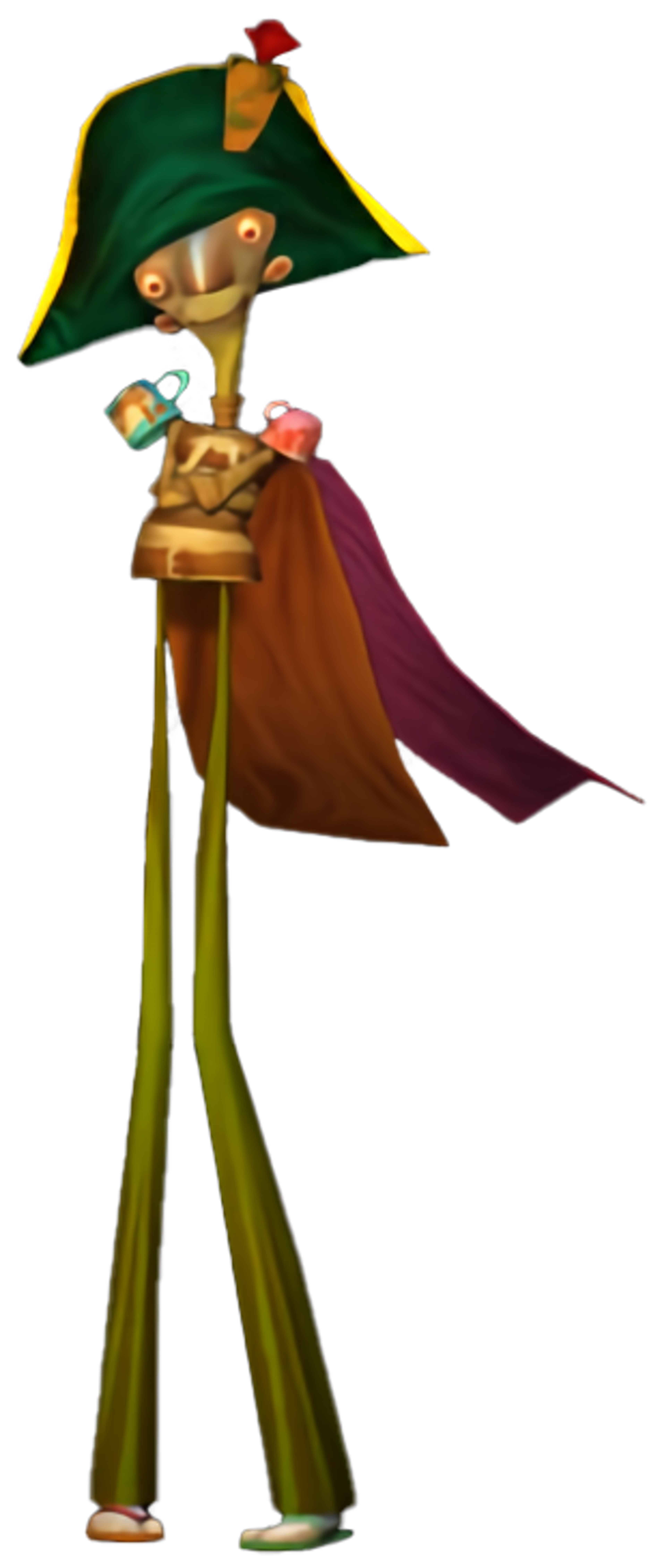 A tall, lanky man in a green hat, yellow scarf, and purple cape, with a crazed expression on his face.