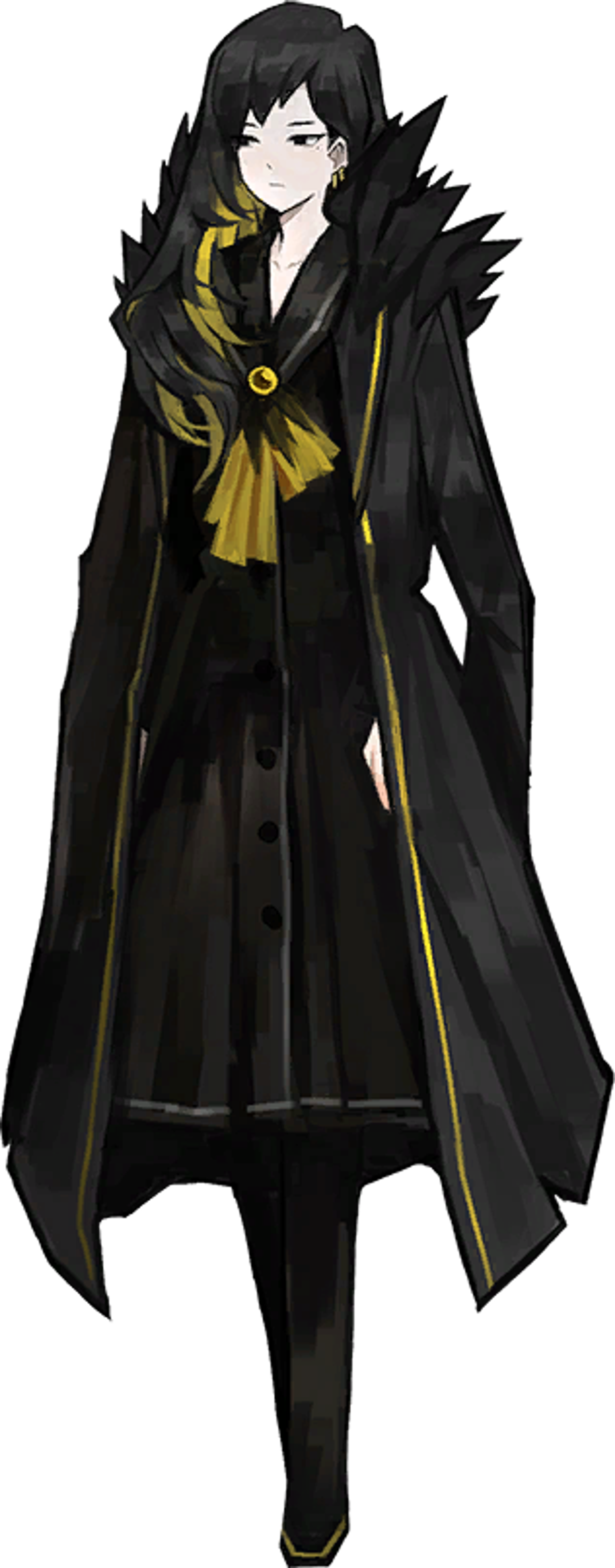 A woman in a black and gold coat with a serious expression