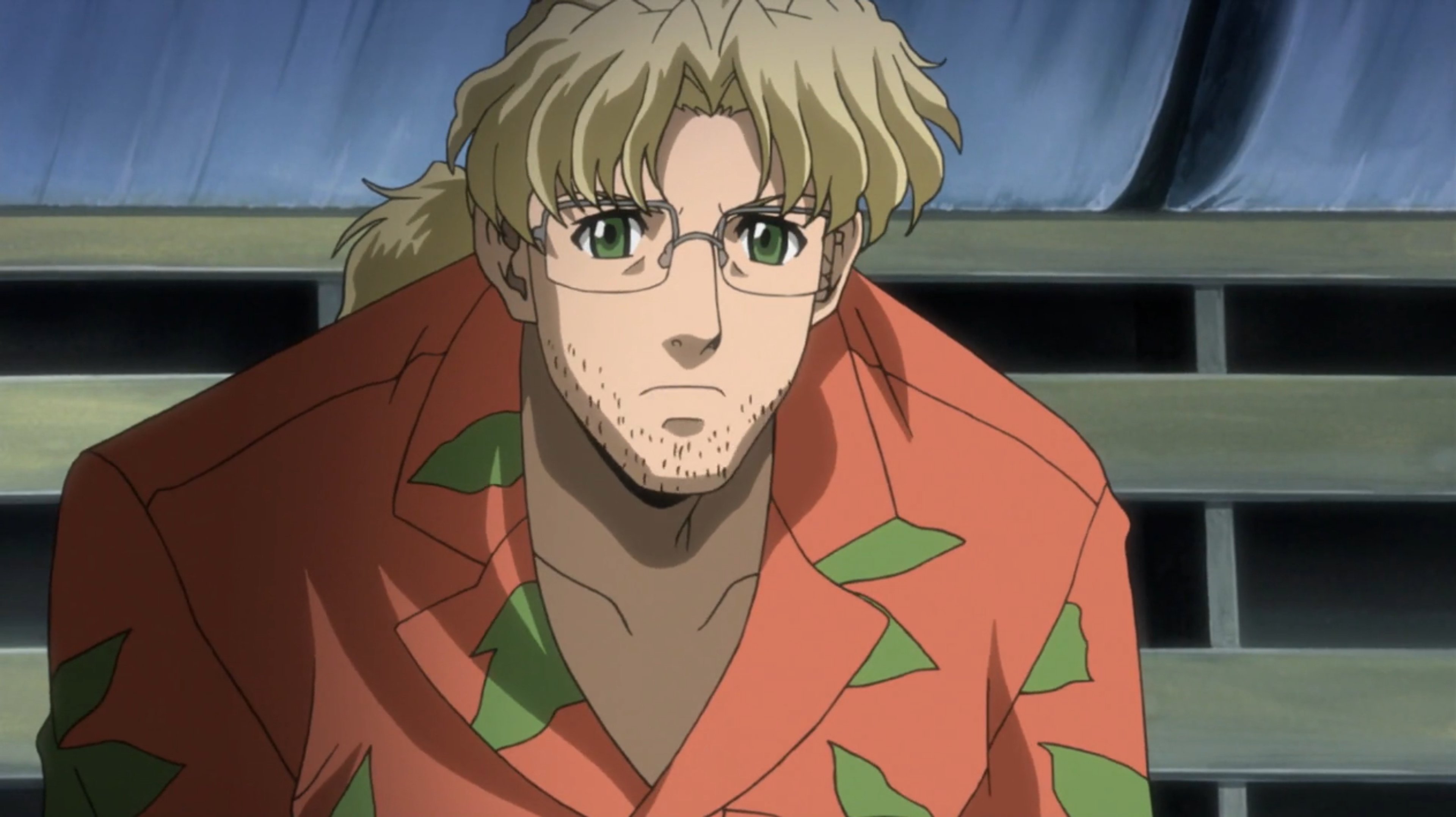 An anime-style character with long blond hair, thin facial hair, and a lean build wearing casual clothing