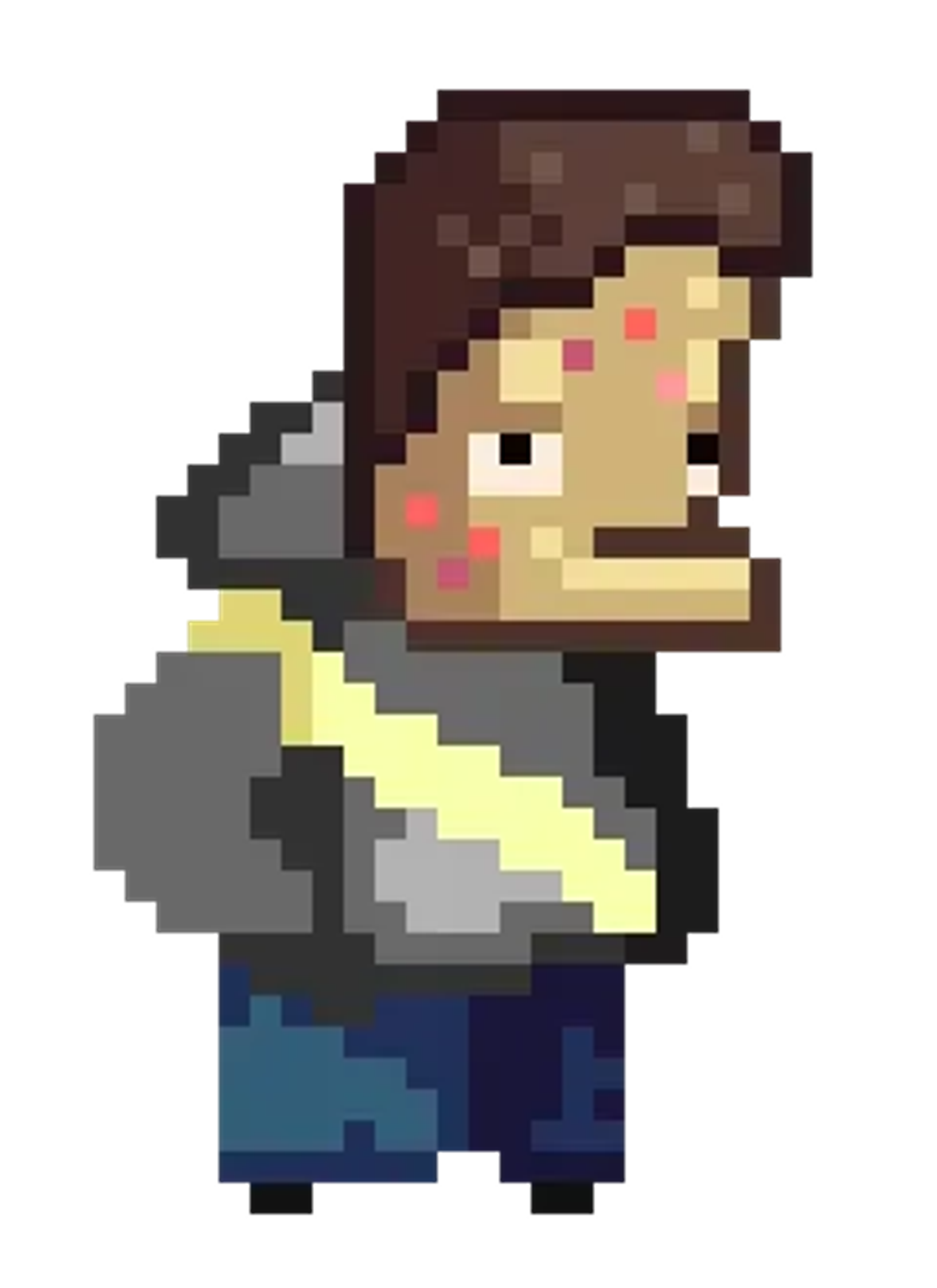 A pixelated character of a teenage boy with light brown hair, acne, a cleft chin, and an underbite, wearing a gray jacket and standing with his hands in his pockets.