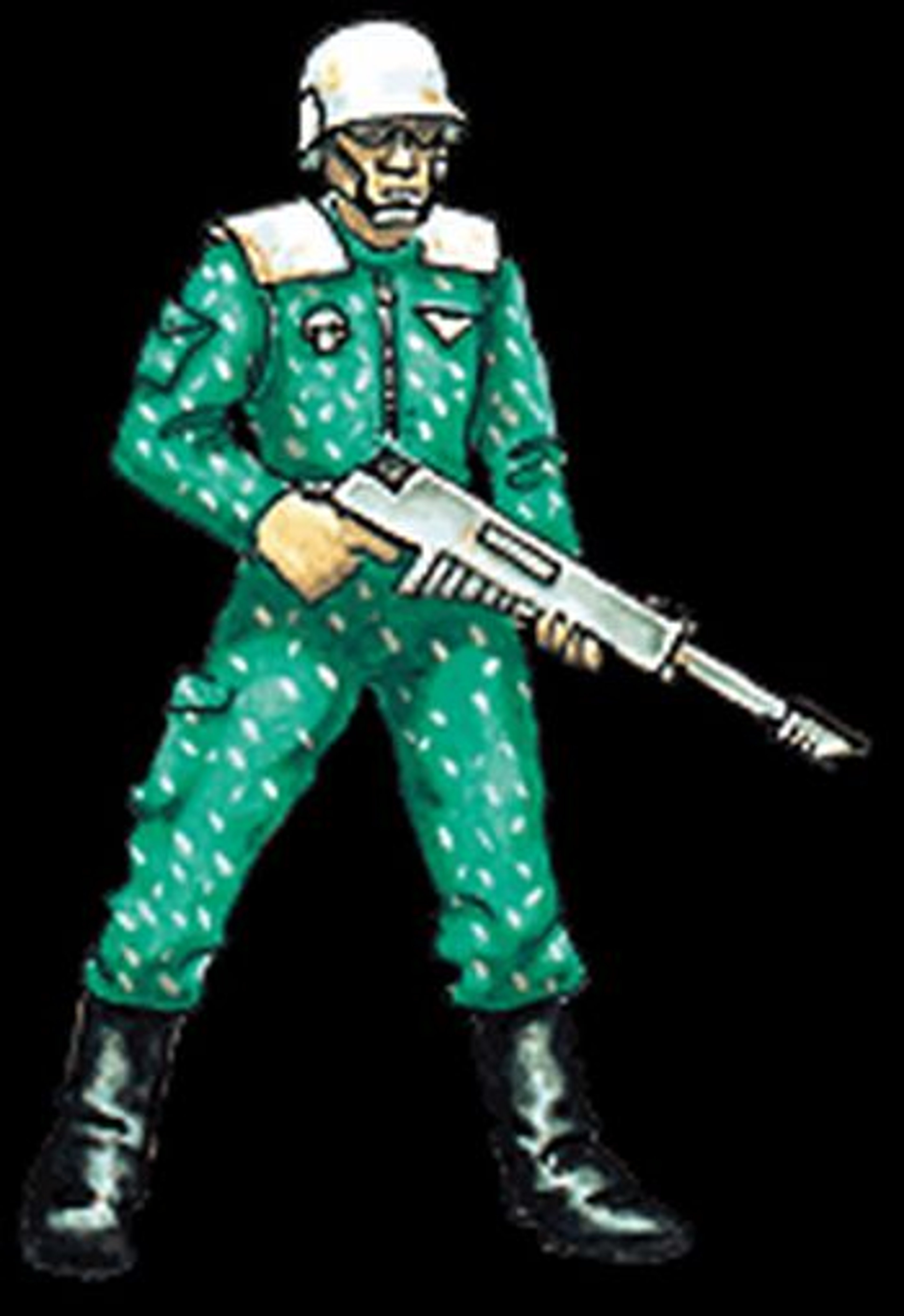 A military character in a green uniform carrying a lasrifle