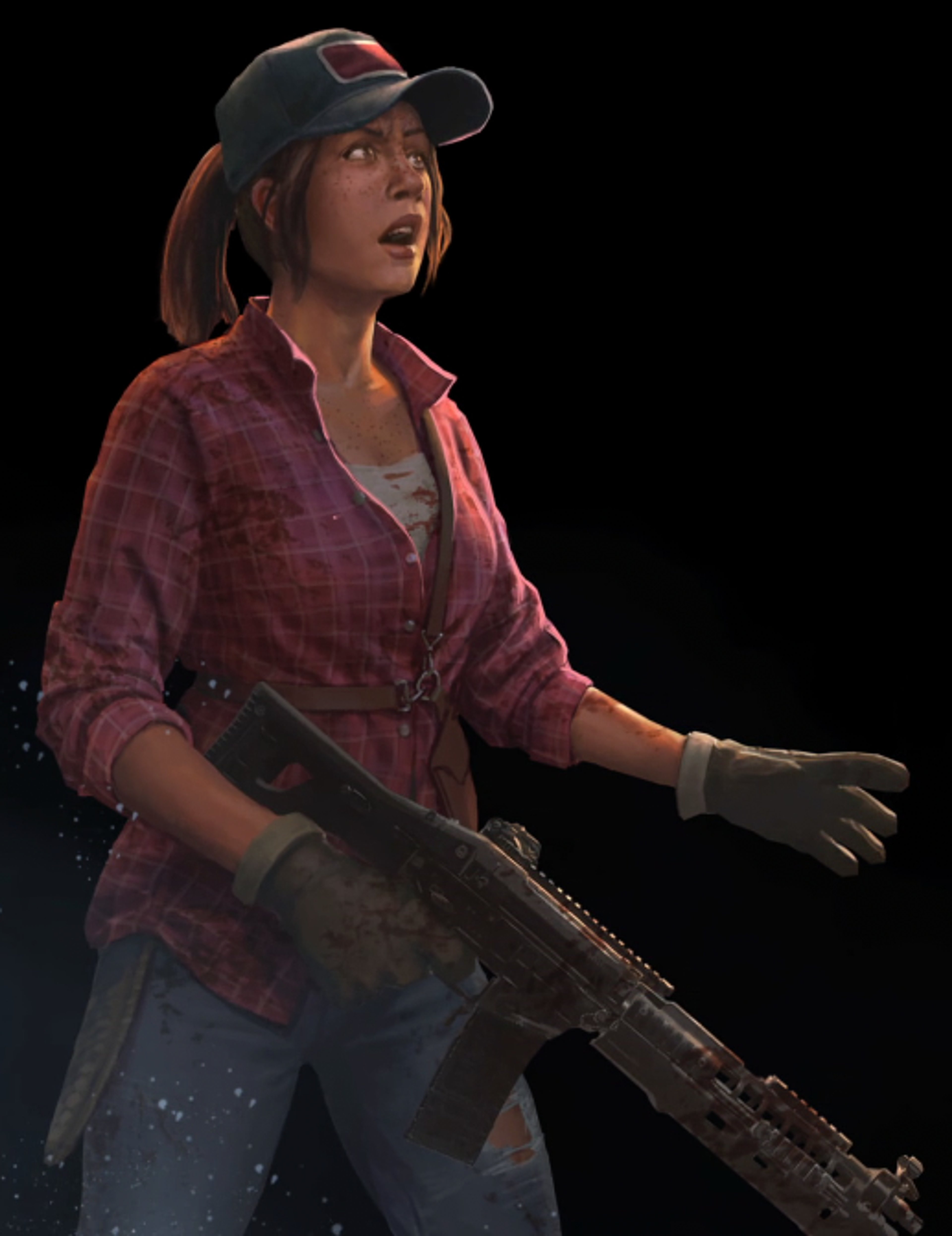 A young woman with short dark hair wearing a plaid shirt and holding a large firearm in a dramatic, fictional setting.