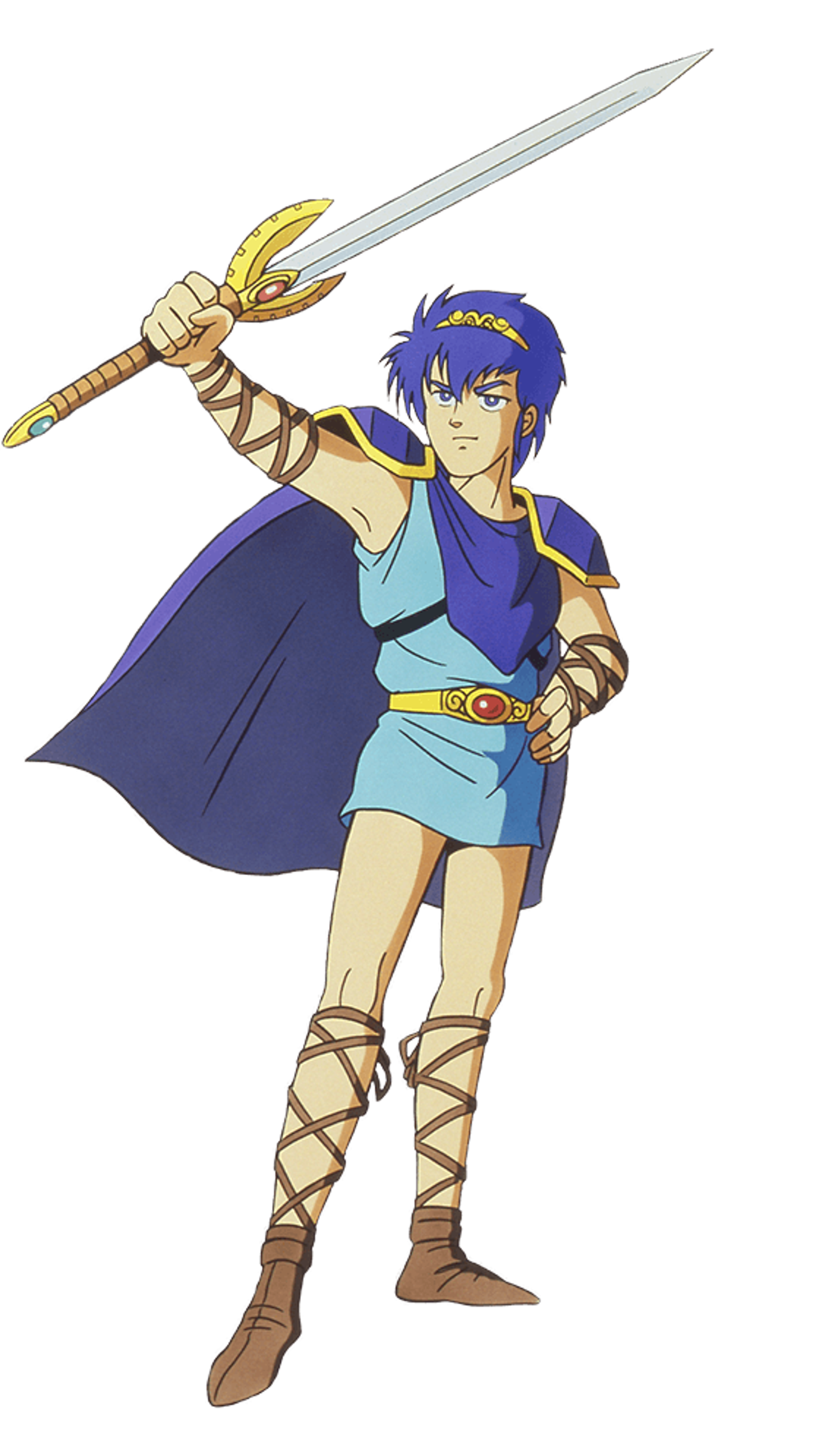 A young man with blue hair in a heroic pose, wielding a sword.
