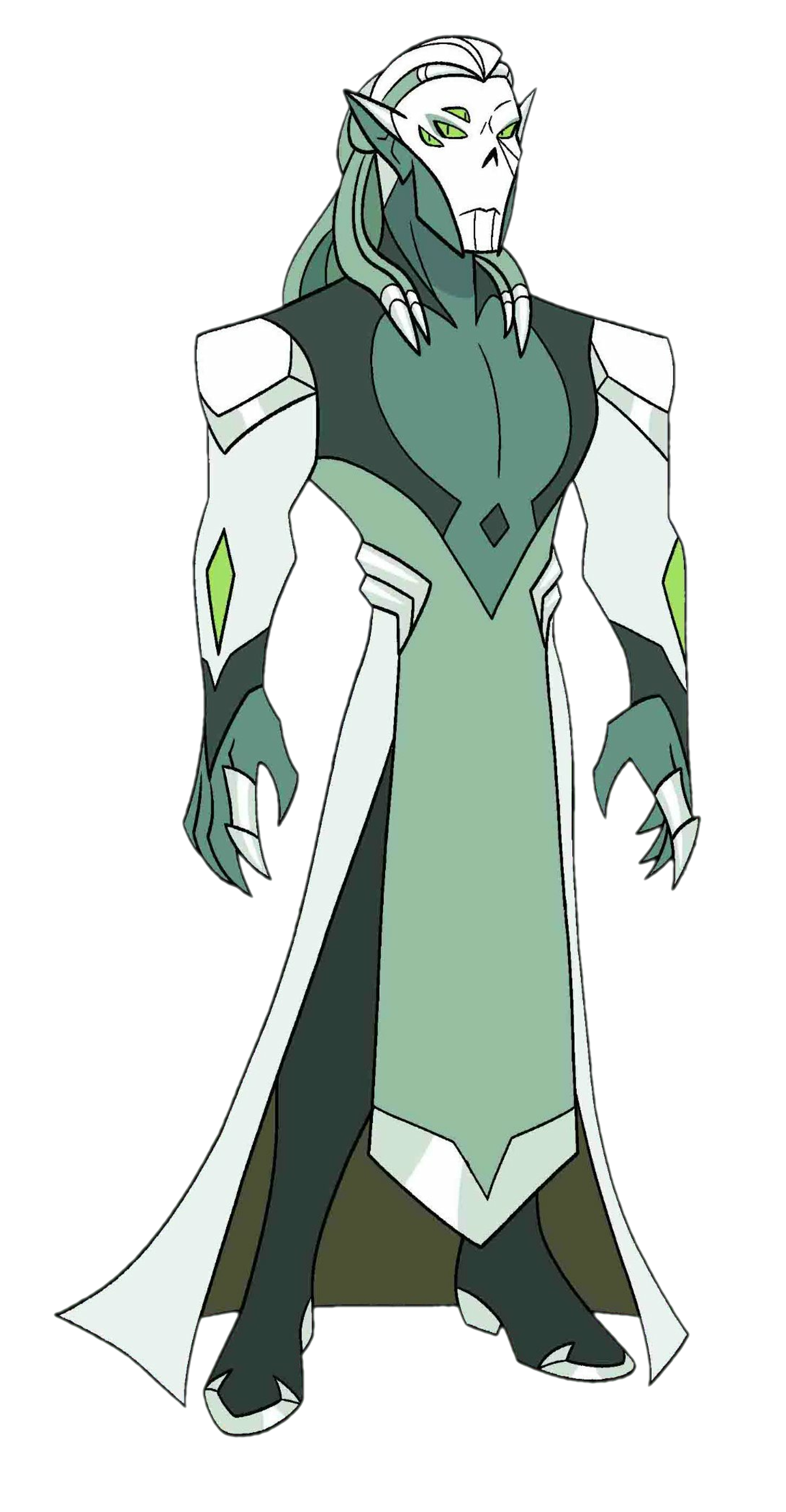 A tall, intimidating figure with four glowing green eyes, metallic dreadlocks, and a muscular, armored appearance.