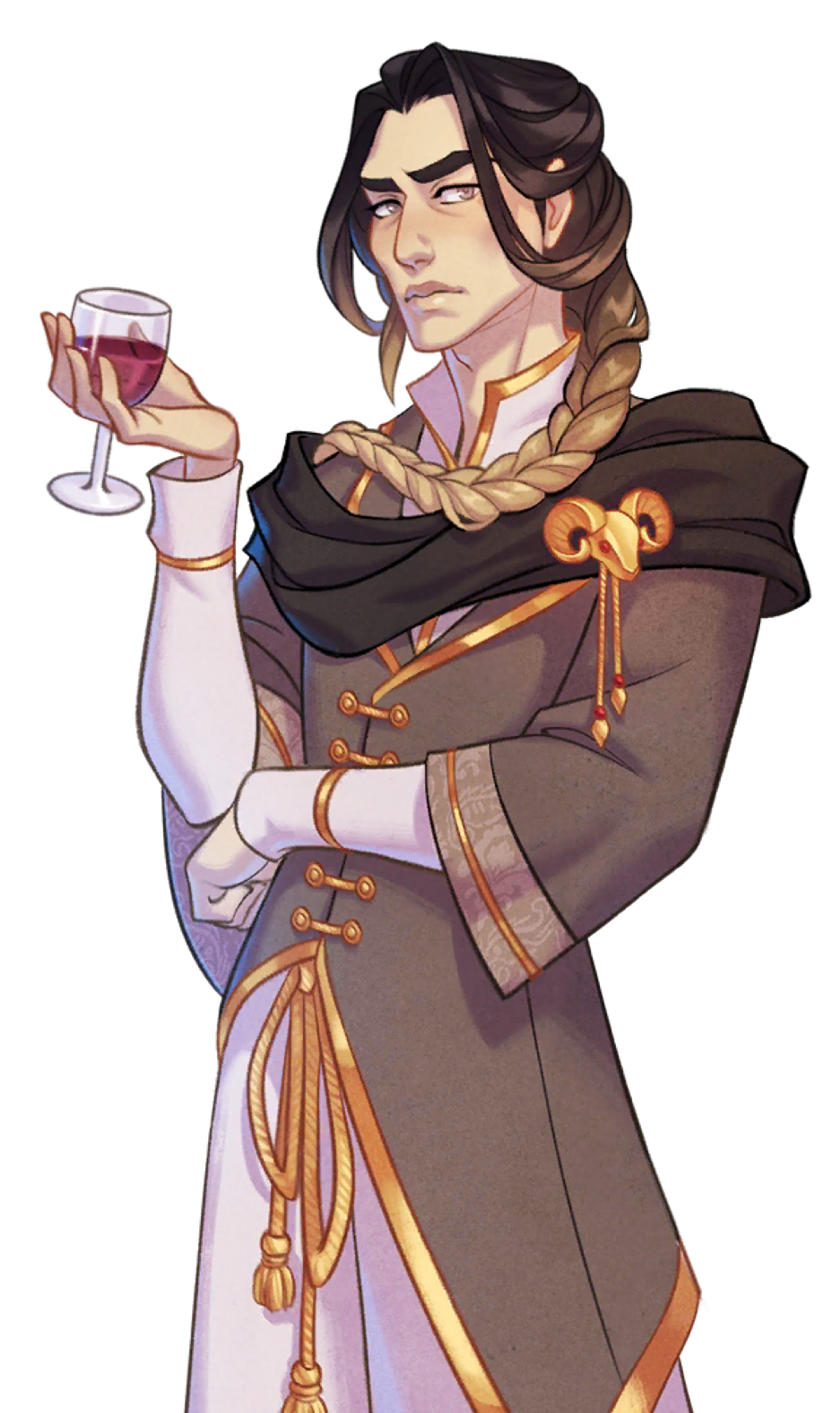 A man with long, dark hair wearing an ornate robe and holding a wine glass