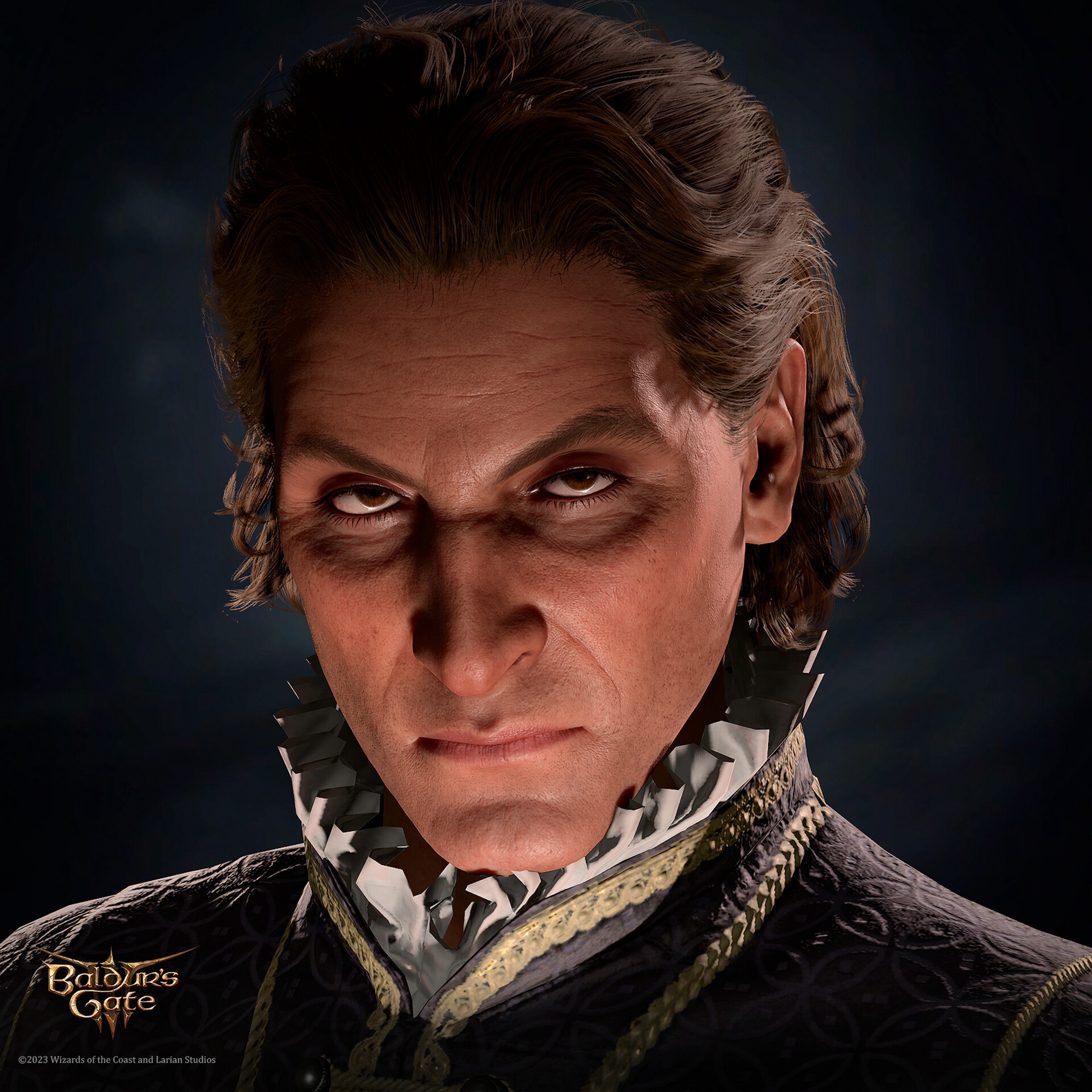 A portrait of a male fantasy character with a stern expression, wearing an ornate jacket.