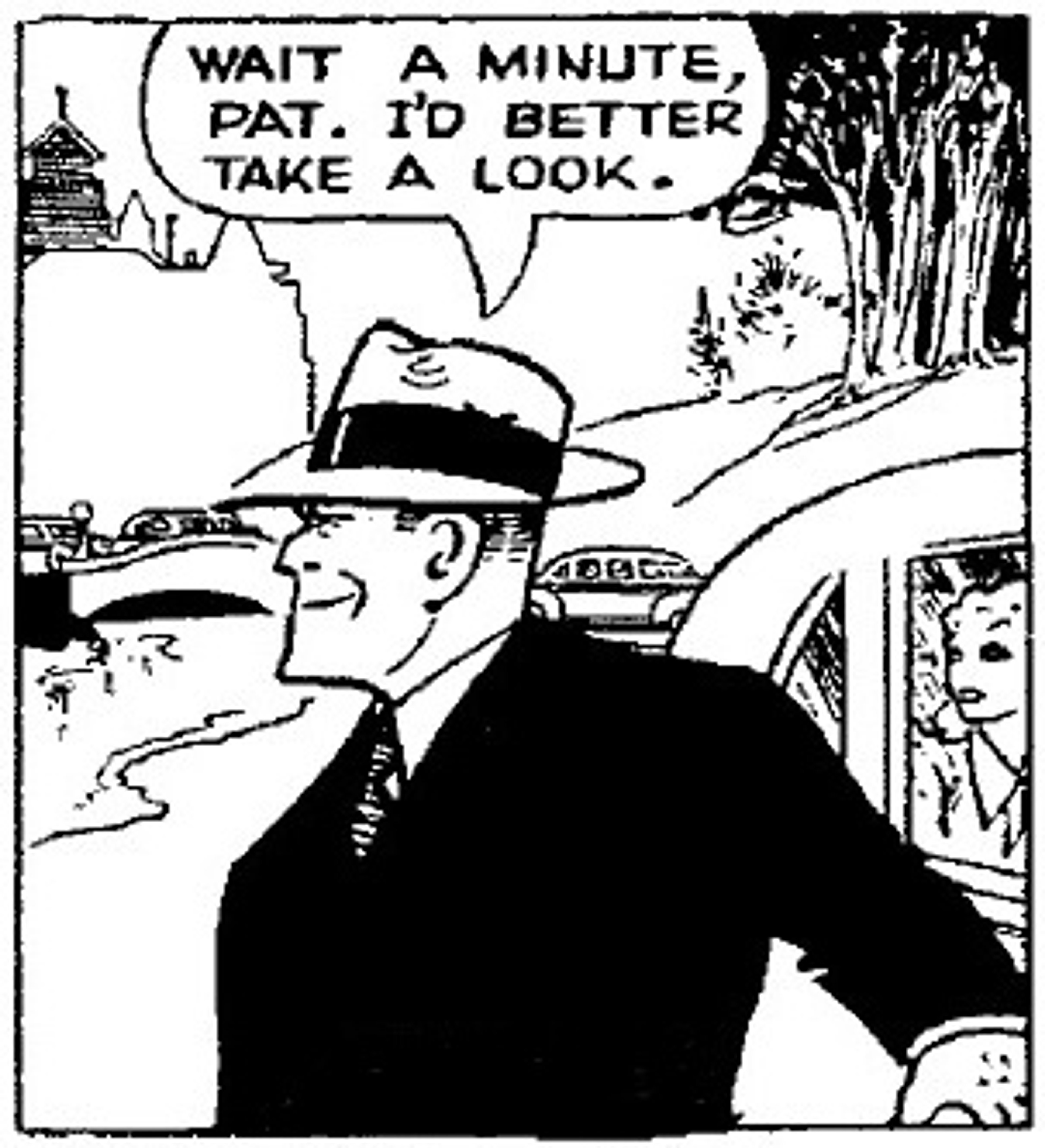 A detective character named Dick Tracy, wearing a yellow trench coat and fedora, with a stern, determined expression on his face.