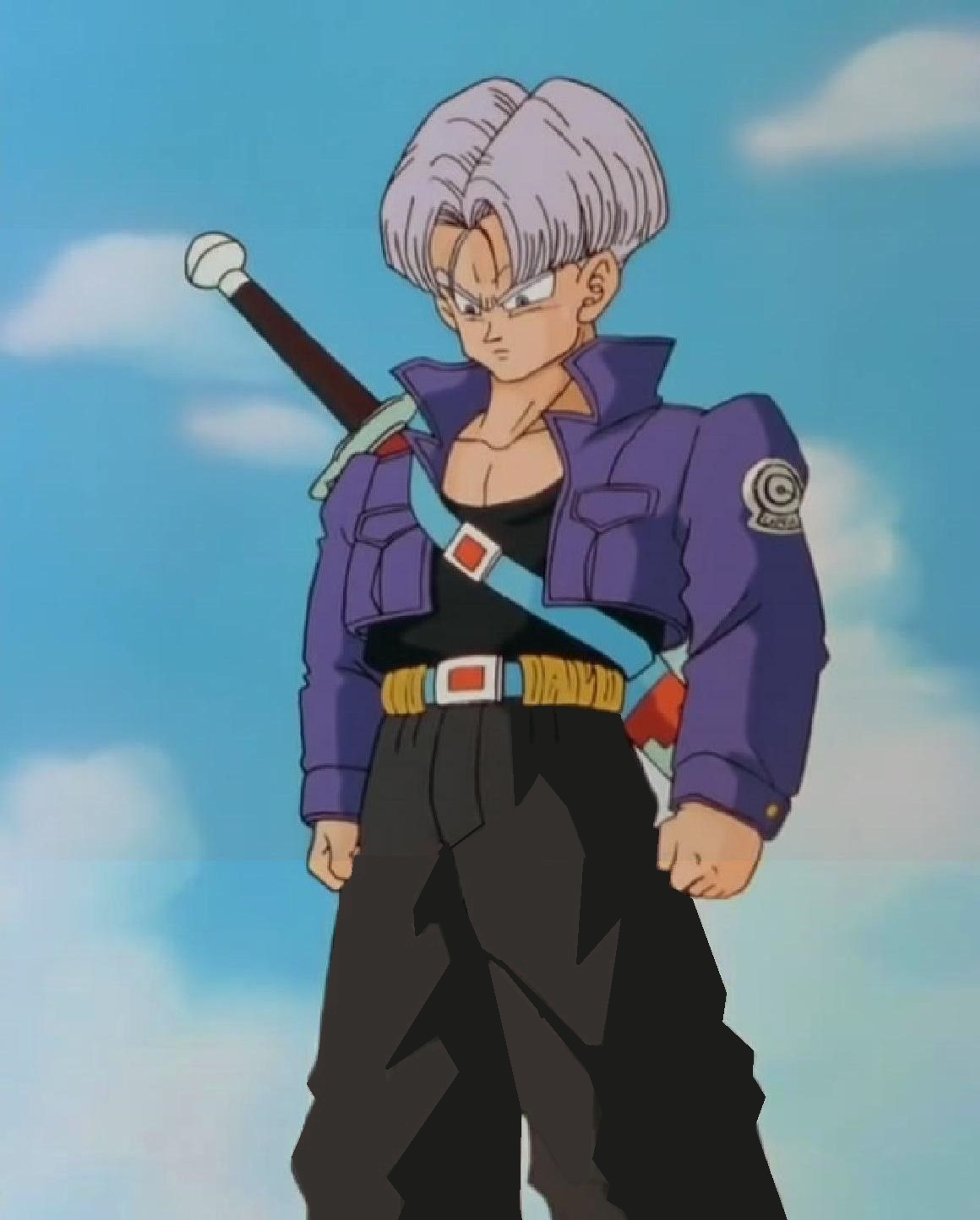 A young man with lavender hair wearing a purple jacket and black pants, holding a sword.