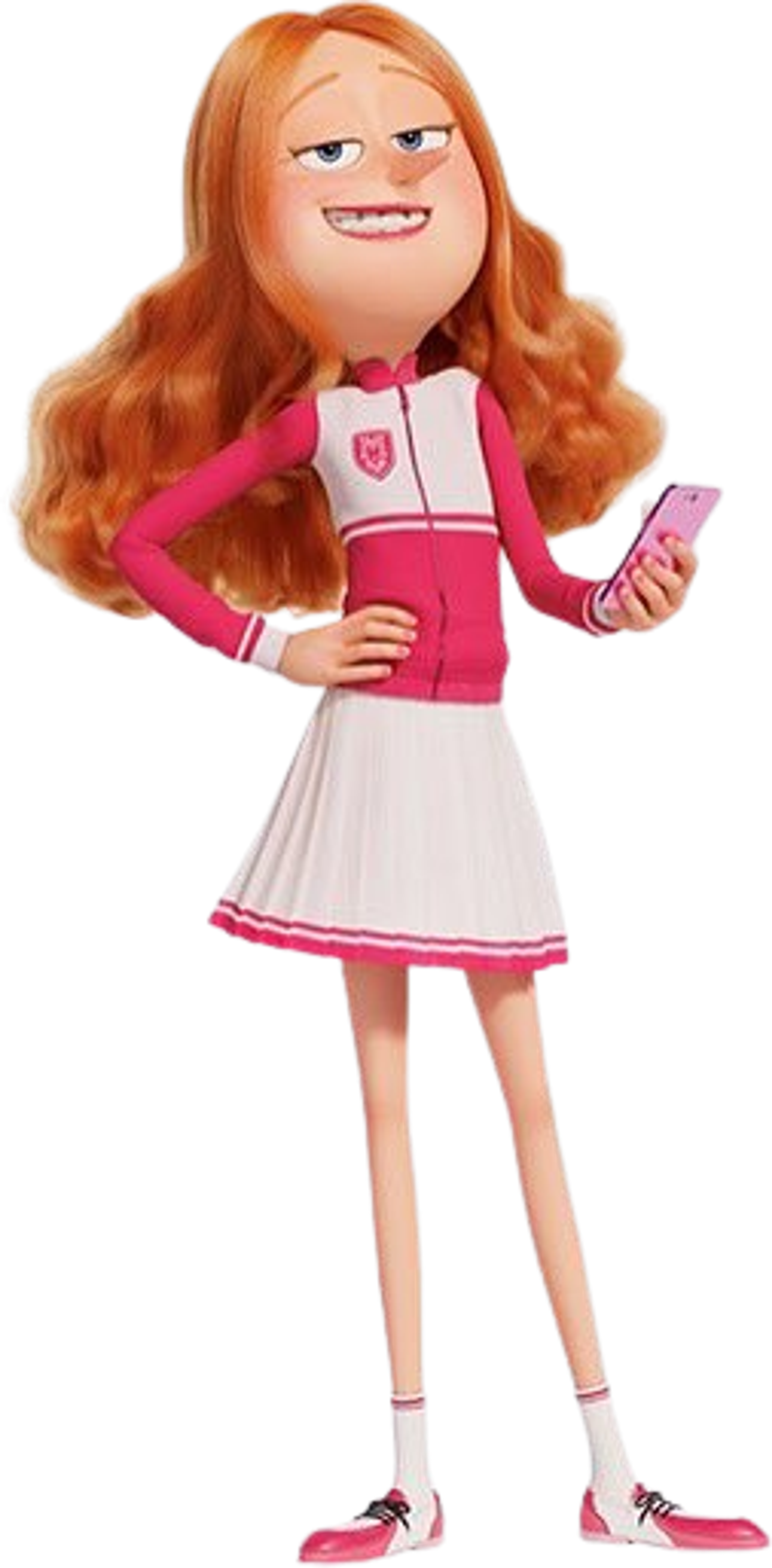 An animated female character with long, curly ginger hair, blue eyes, and a long, pointy nose, wearing a pink vest, black skirt, and pink sneakers.