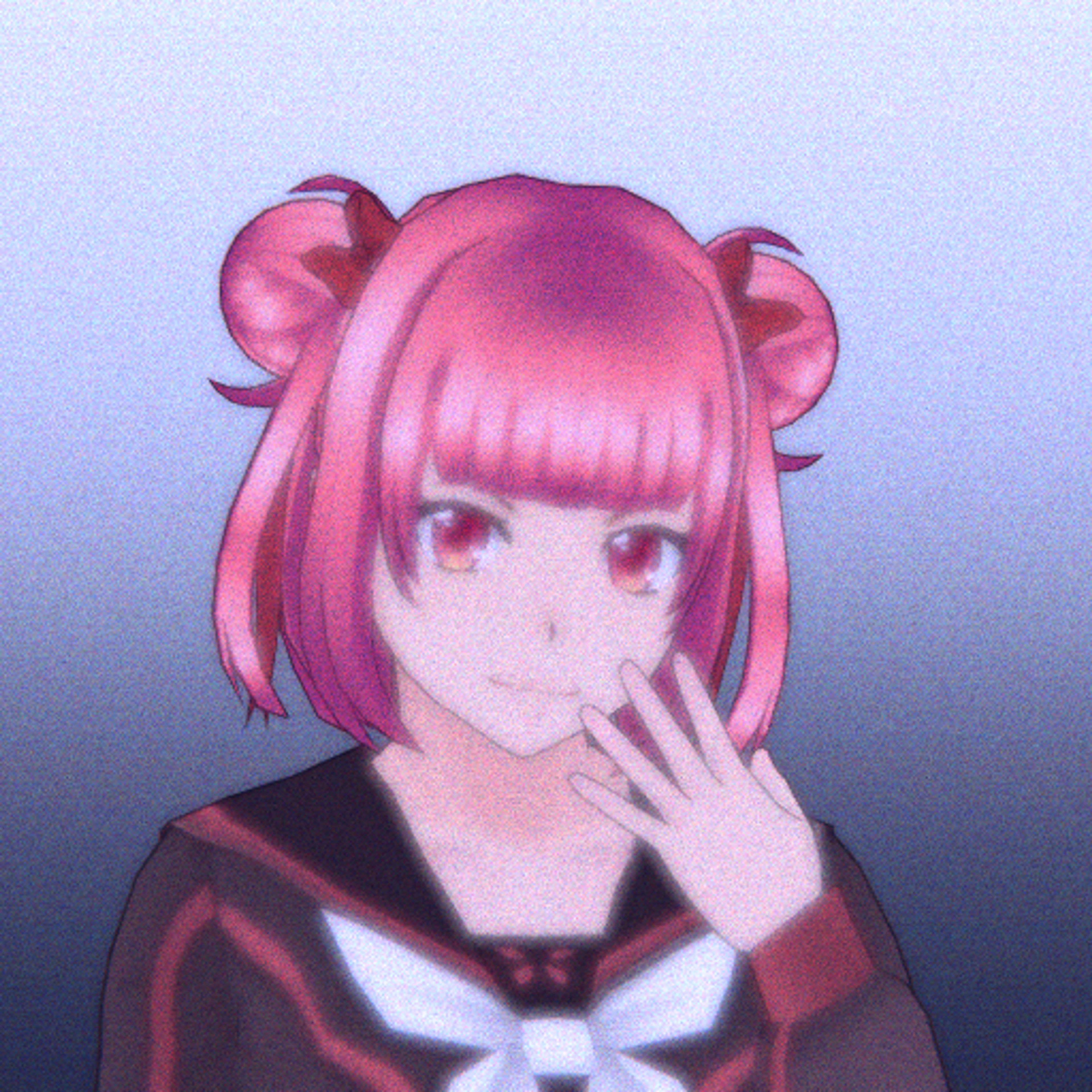 An anime-style character with light red hair in space buns and scarlet eyes, wearing a school uniform.