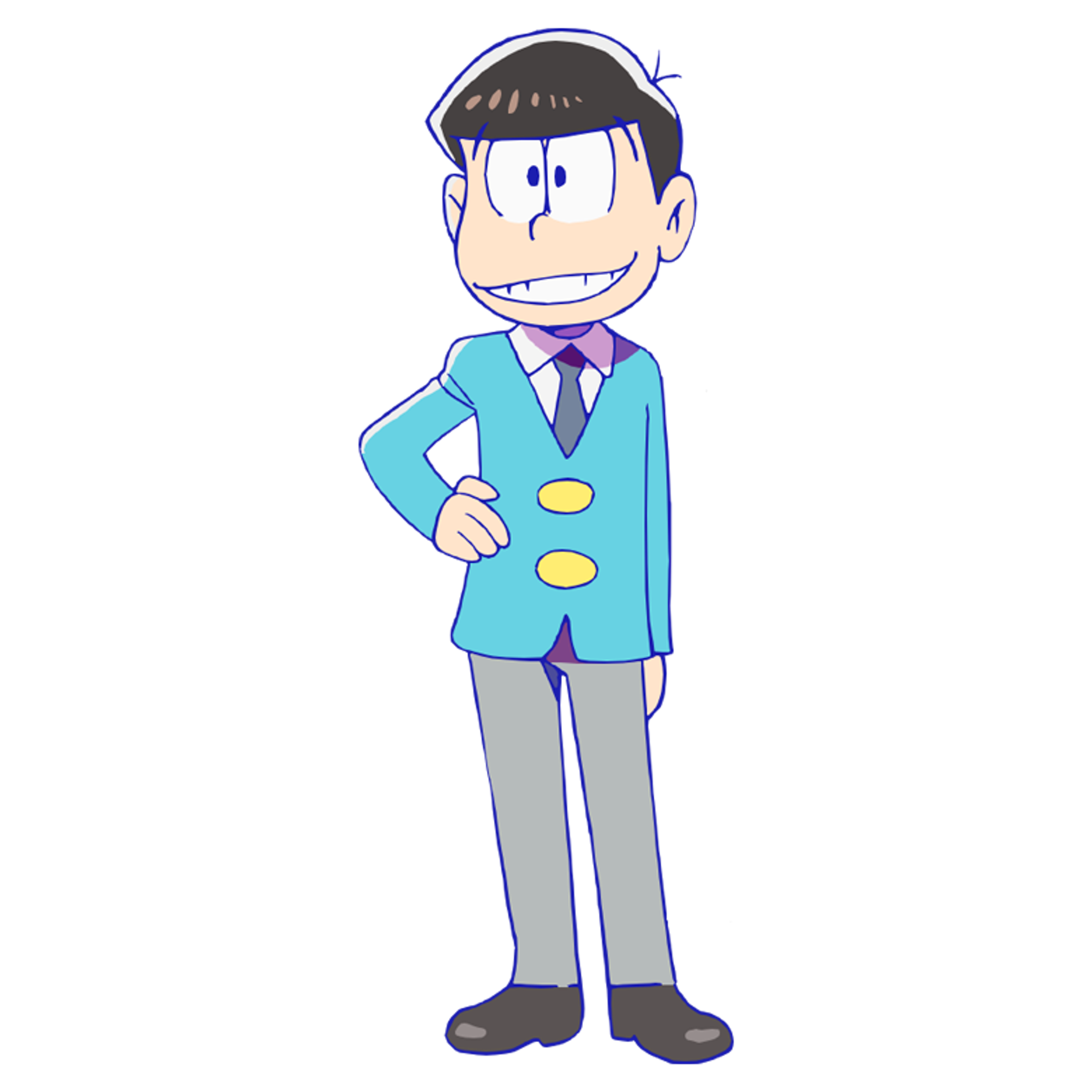 An animated character named Osomatsu, a young man with short dark hair wearing a blue suit and yellow tie
