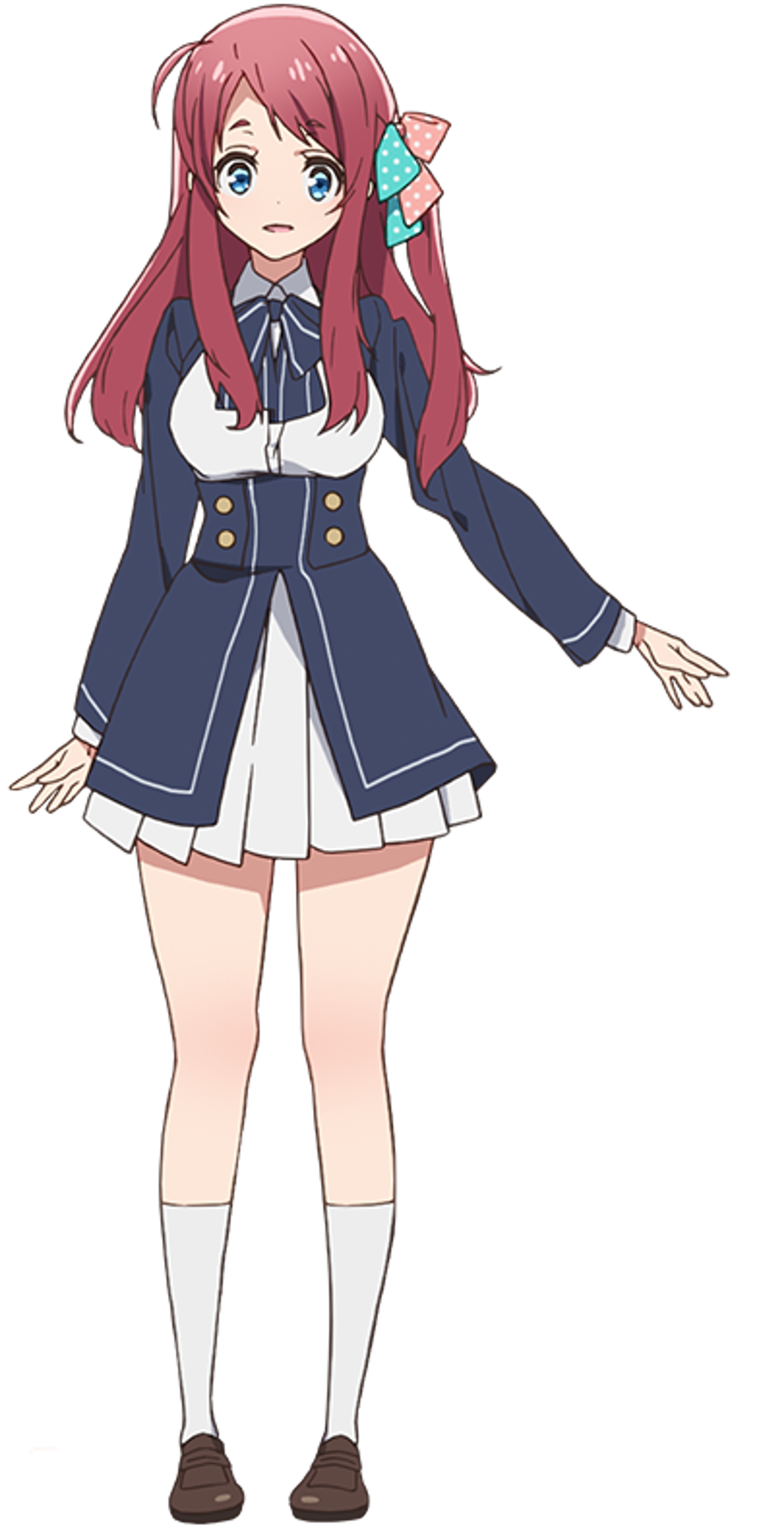 An anime-style character with pink hair and a school uniform