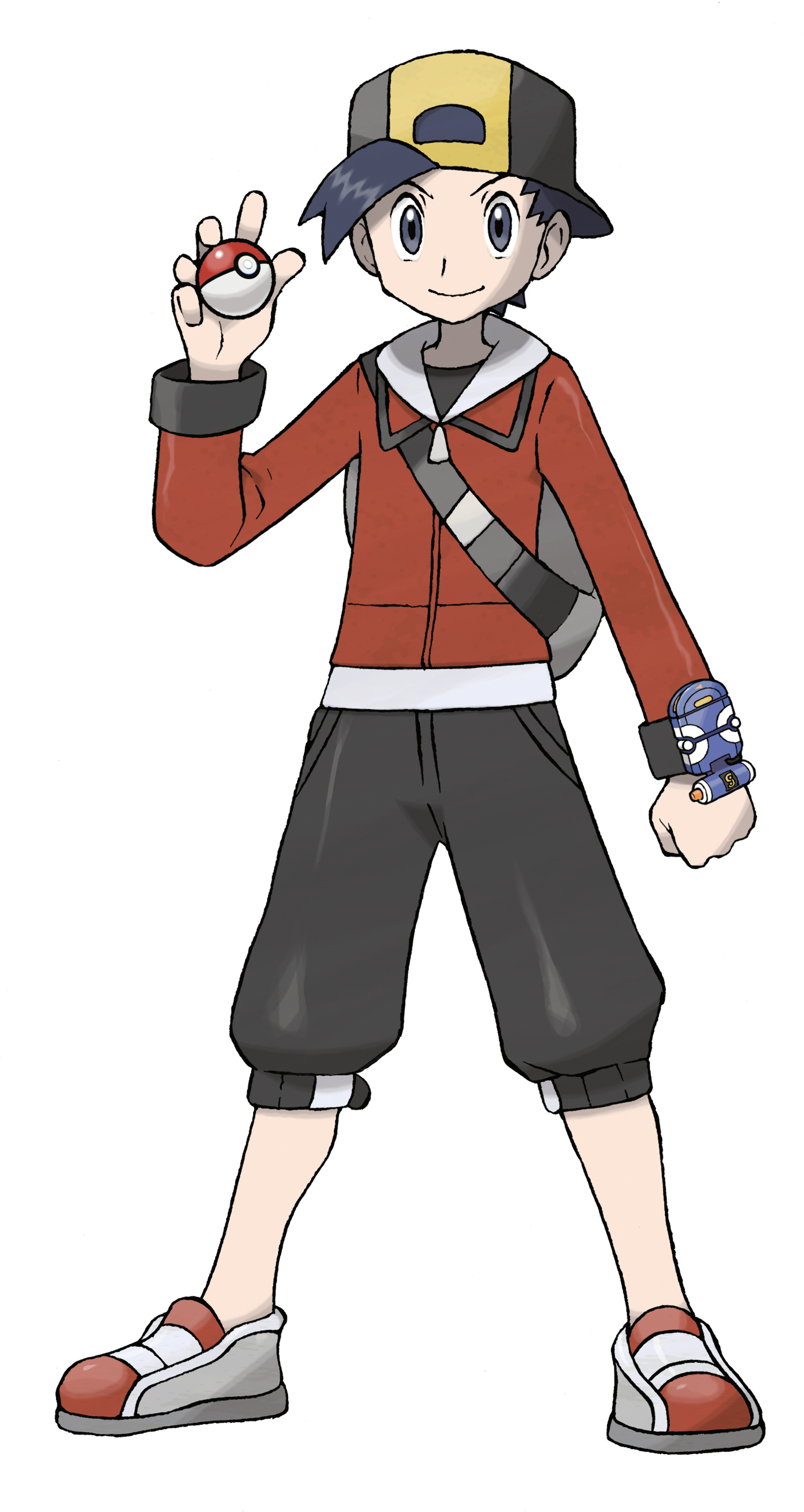 A young Pokémon trainer named Ethan with short black hair and grey eyes, wearing a red jacket and black shorts, making a Pokémon battle pose.