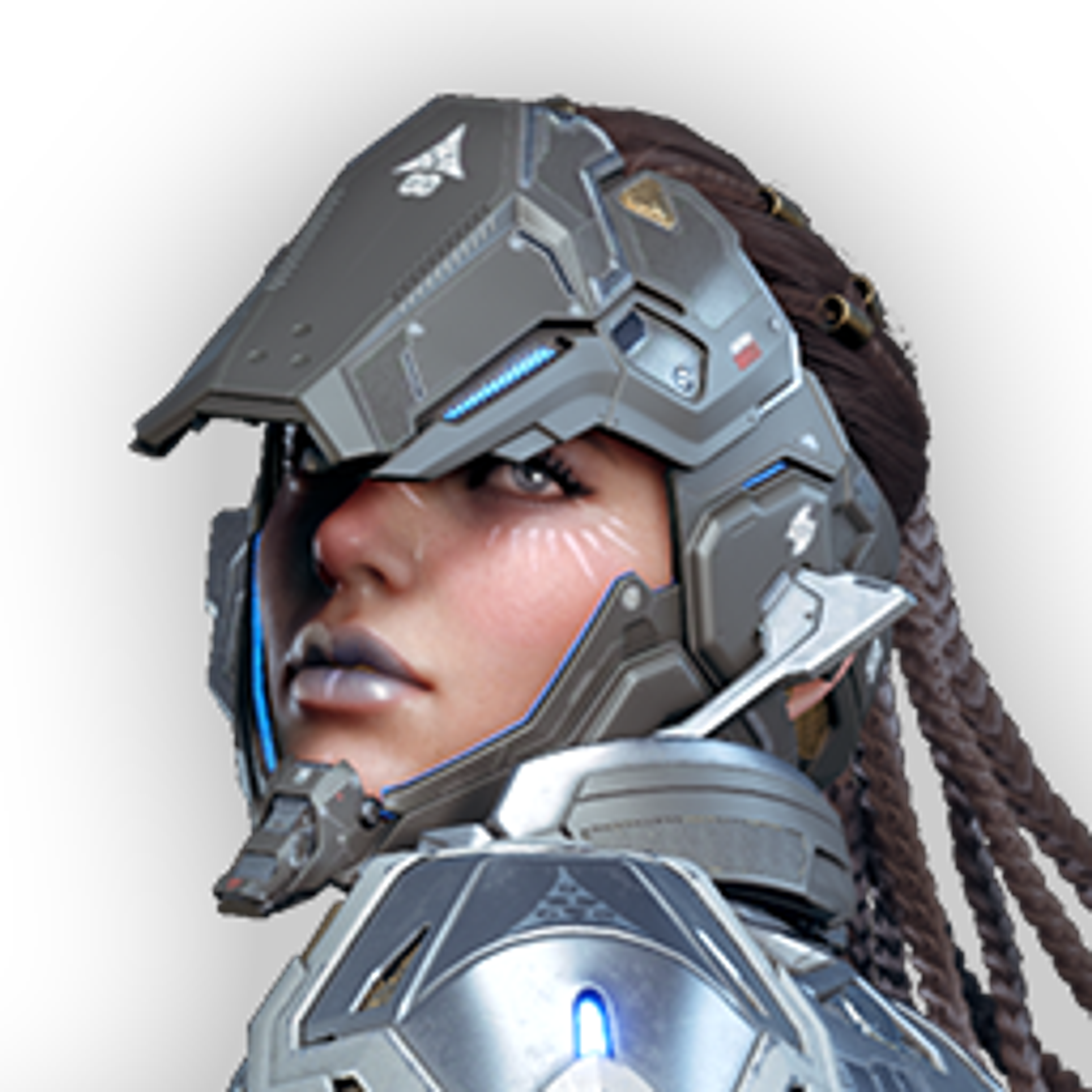 A female character with cybernetic enhancements in a military-style uniform