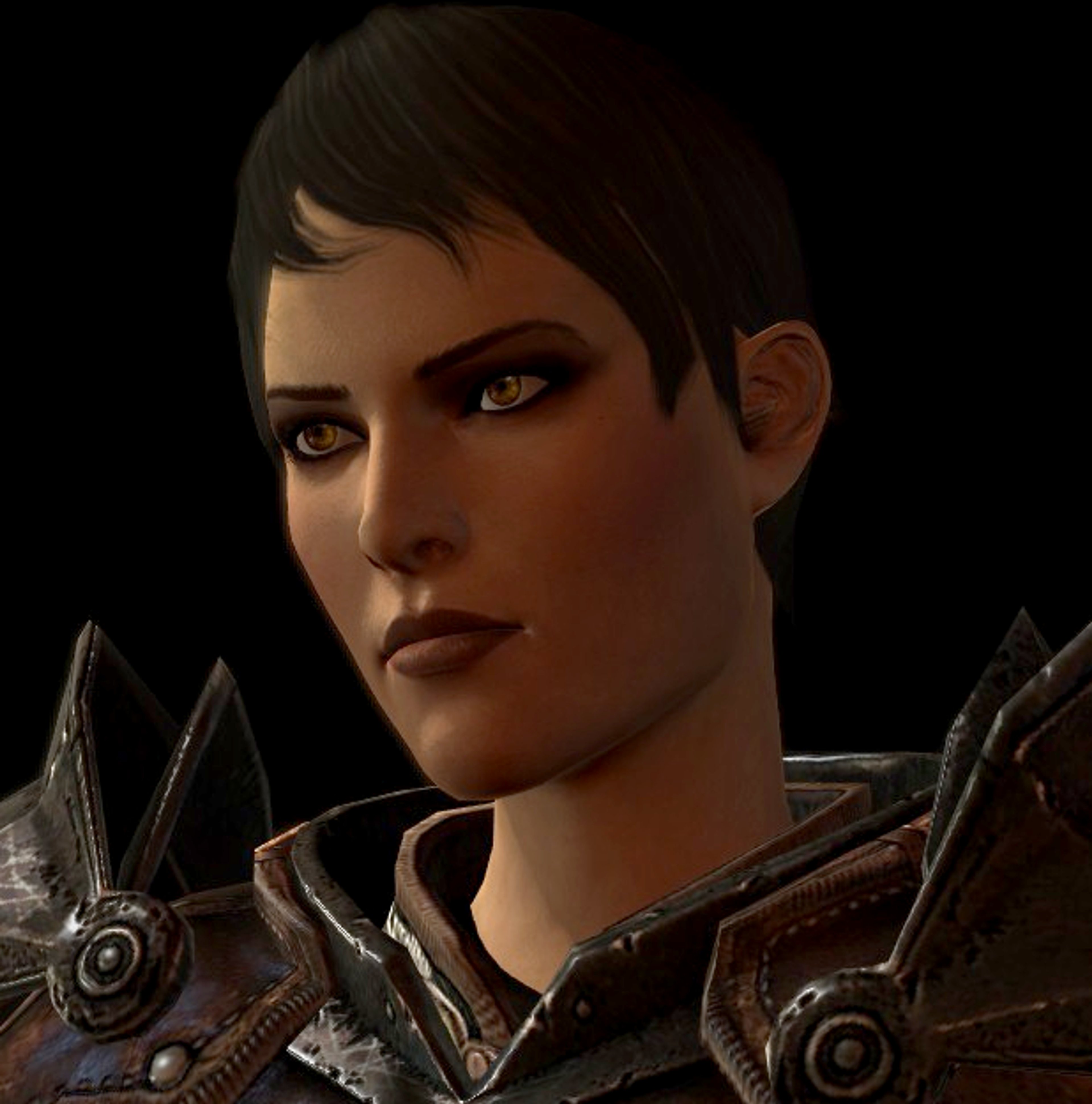 A fierce-looking woman in dark armor with an intense expression