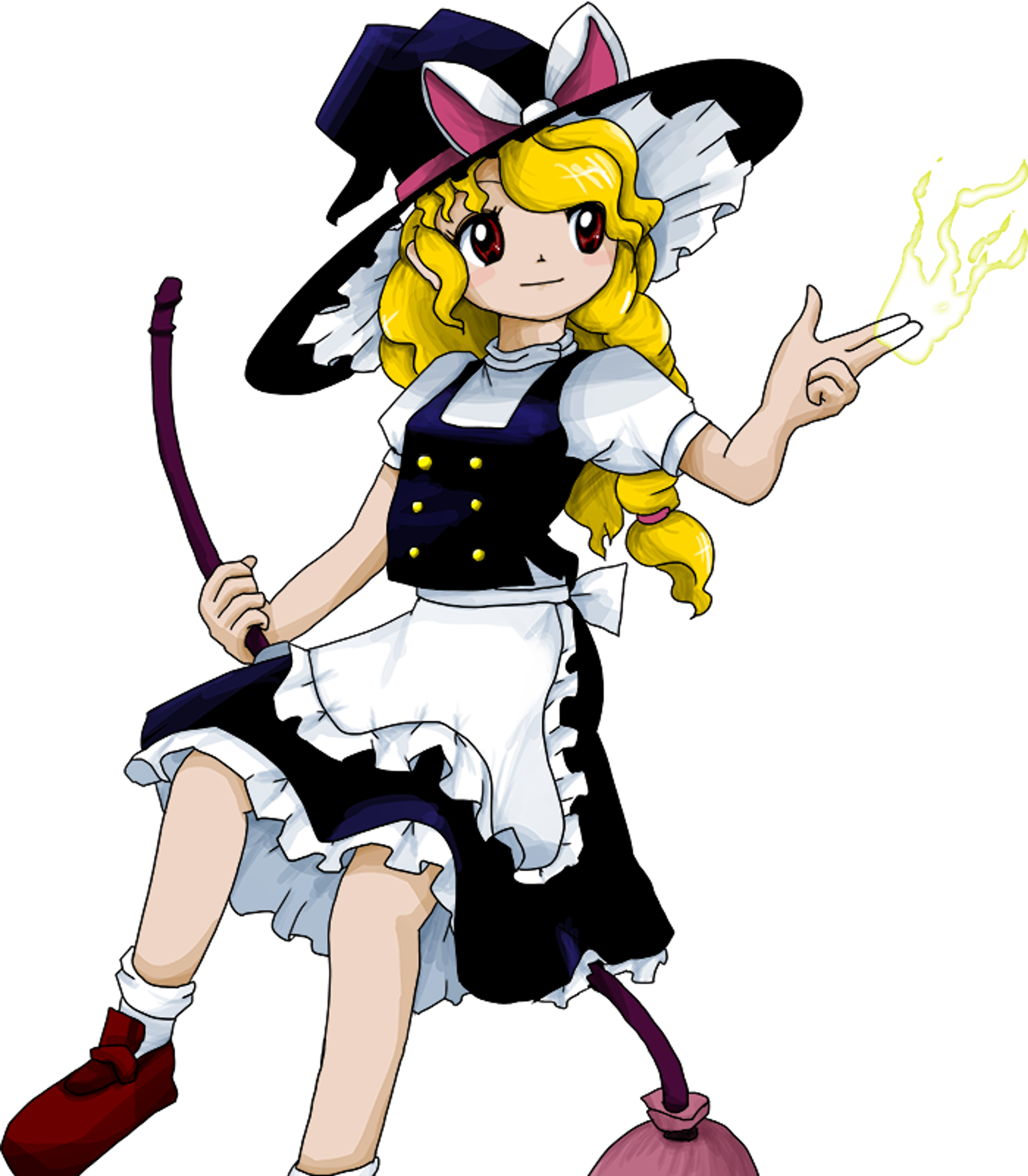 An anime-style witch character with blond hair and a black dress casting a magical spell