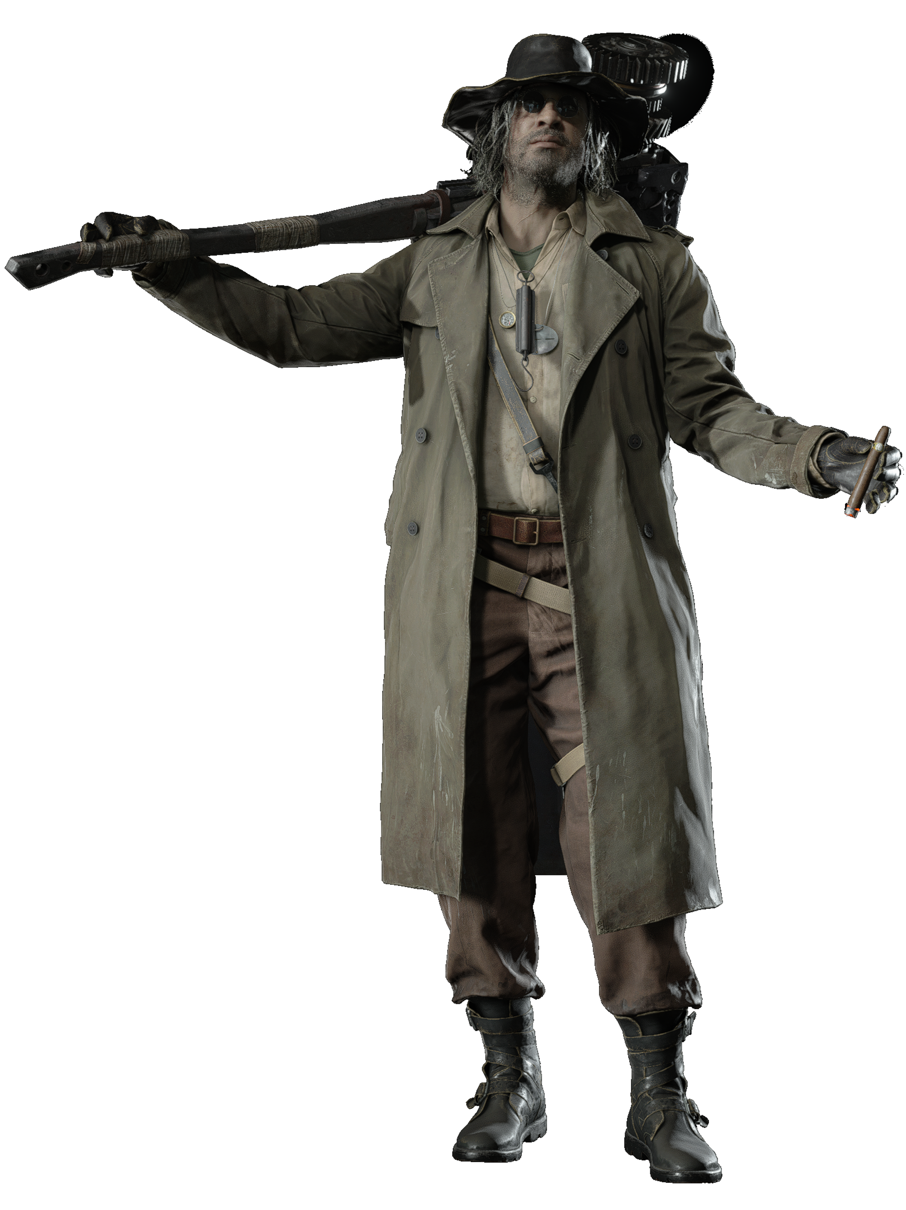 A man in a trenchcoat holding a weapon or tool